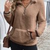 Cozy Fuzzy Womens Zip Front Sweatshirt with Contrast Trim - Stylish Kangaroo Pocket for Fall & Winter Casual Wear