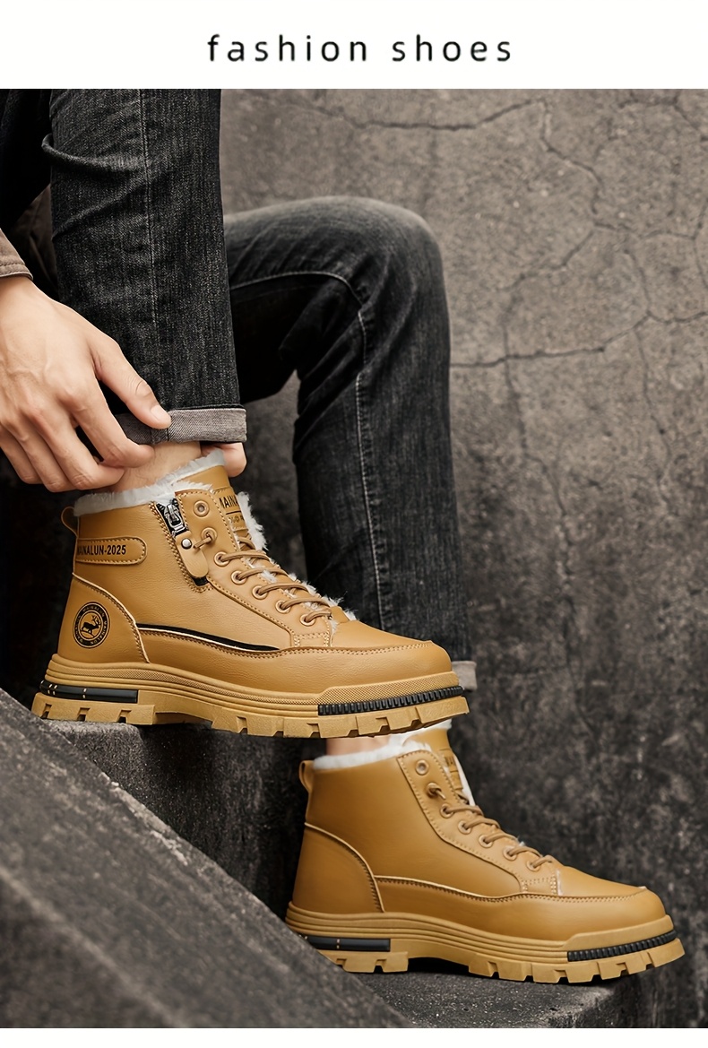 MAINALUN Men's Heavy-Duty Fleece-Lined Winter Boots - Thick PVC Outsole, Lace-Up Round Toe, PU Upper (Brown/Black) - Retro Ice & Snow Boots for Ice Skating-like Traction, Warm Casual Footwear for Fall & Winter (No Calf-Slip) -