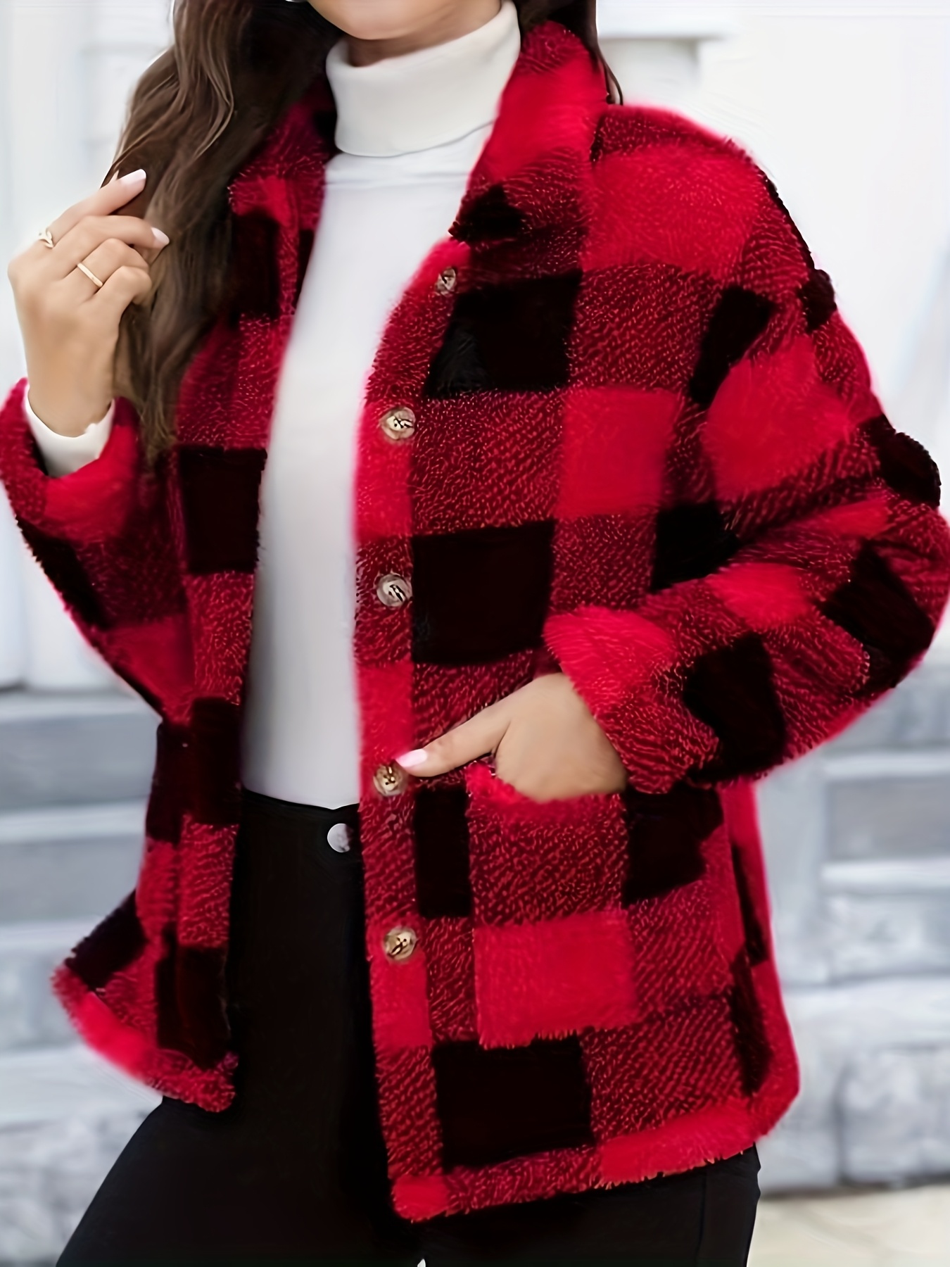 Women'S Cozy Fleece Jacket - Soft Plaid Coat with Button Front Closure, Long Sleeve Winter Outerwear for Fall & Winter, & Brown Tartan Pattern