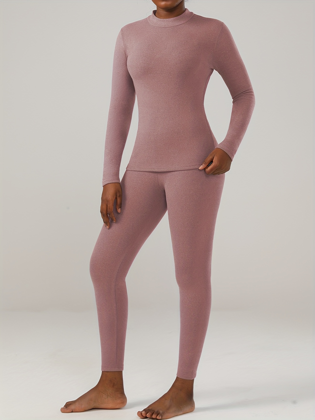 [Warm Fleece-Lined Thermal Set] 2pcs Set - Women's Fleece-Lined Thermal Underwear | Autumn/Winter Thickened Warm Long-Sleeve High-Neck Top and Pants, Elastic Casual Comfortable