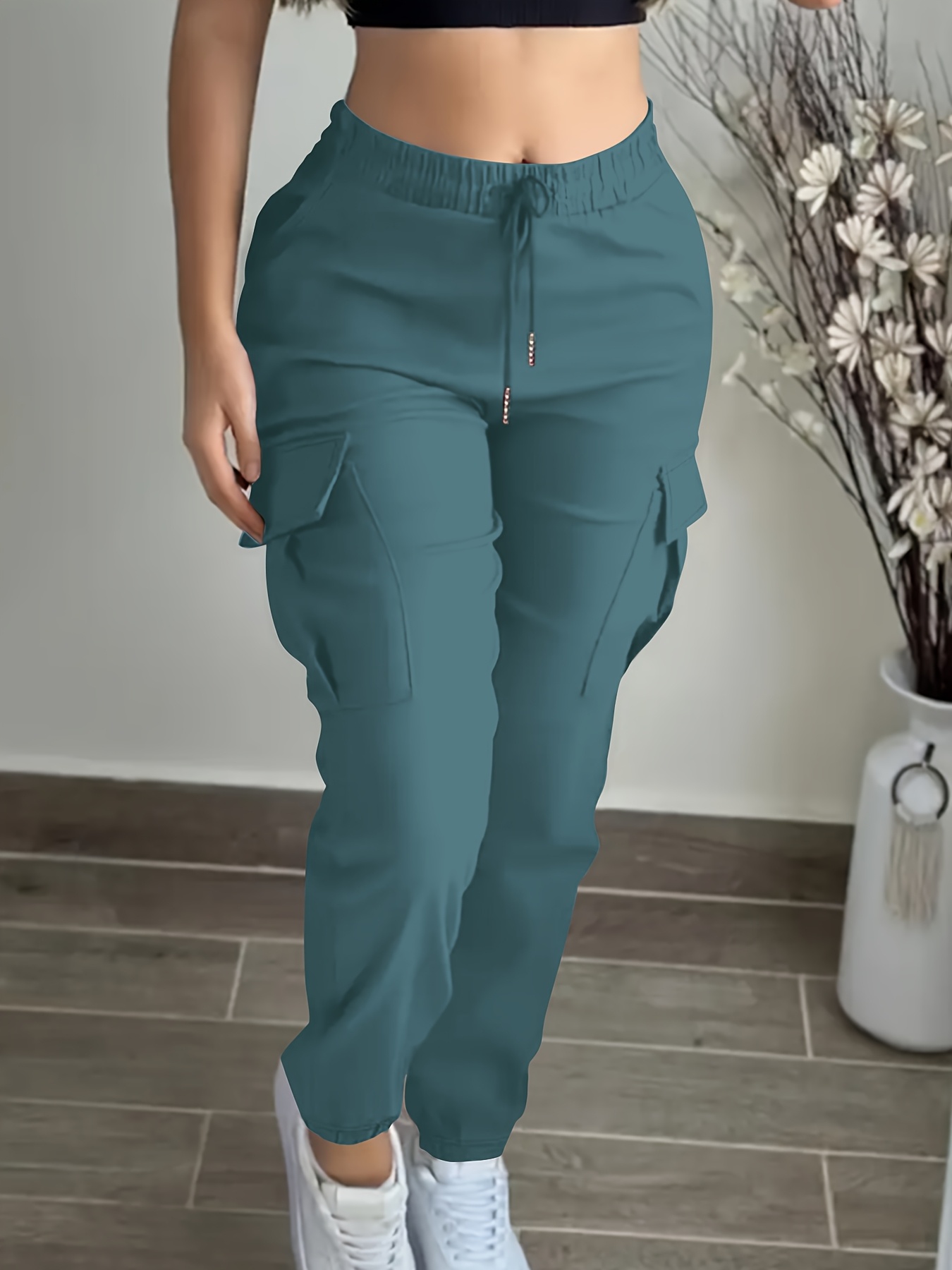 Women's Black Cargo Pants with Elastic Drawstring Waist & Multiple Pockets - Regular Fit Long Length Casual Workwear-Style Trousers for All-Season Casual Attire
