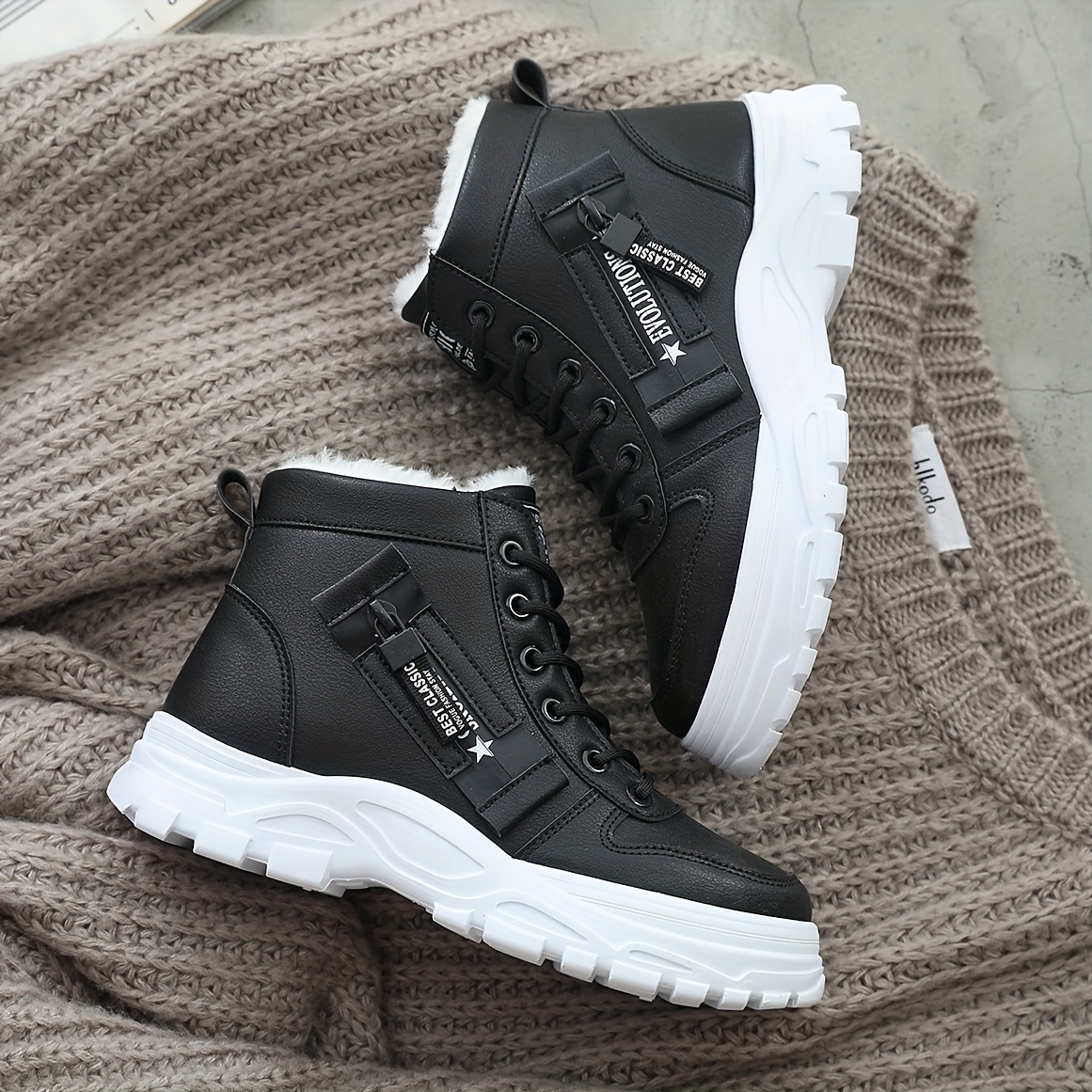 Women'S Winter Boots - Slip-On/Lace-Up Closure, Cushioned Insole & Non-Slip Rubber Sole - All-Season Cold Weather Shoes - Black/White - Everyday & Formal Outfits - CNSN Women'S, Ladies Winter Boots, Casual Winter Footwear, Fabric Lined Interior