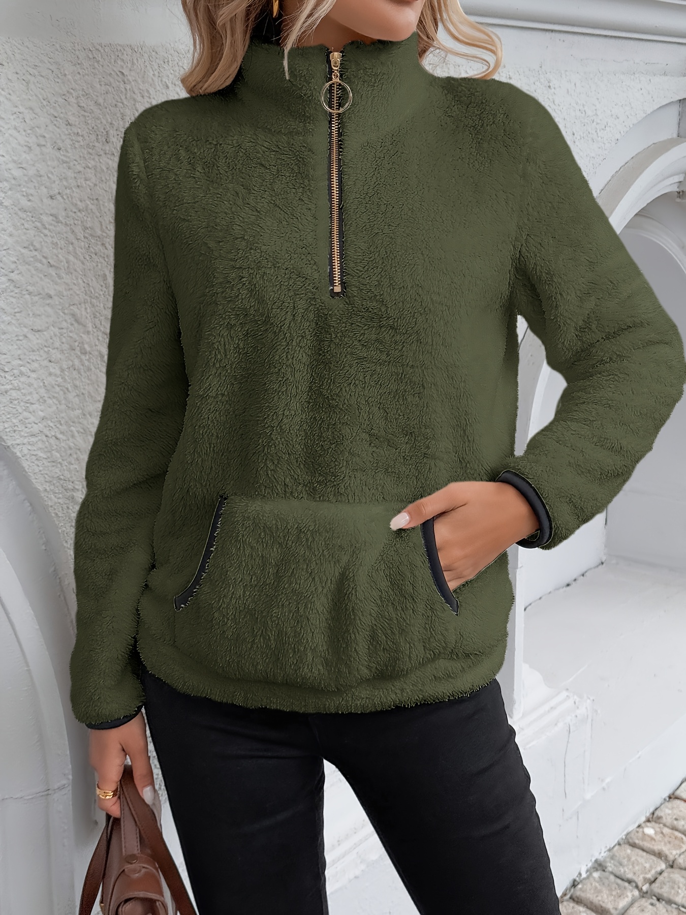Autumn/Winter Women's Fashion Casual Half-Zip Long Plush Warm Sweatshirt