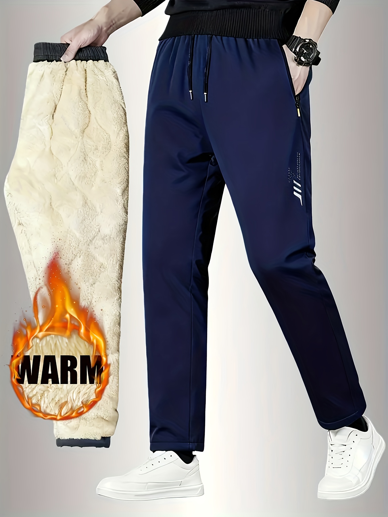 Men'S Fleece-Lined Warm Running Pants | Comfortable Soft Fabric, Dual-Side Zipper Pockets, Drawstring Waist, Ideal for Winter, Casual Style, Solid Color