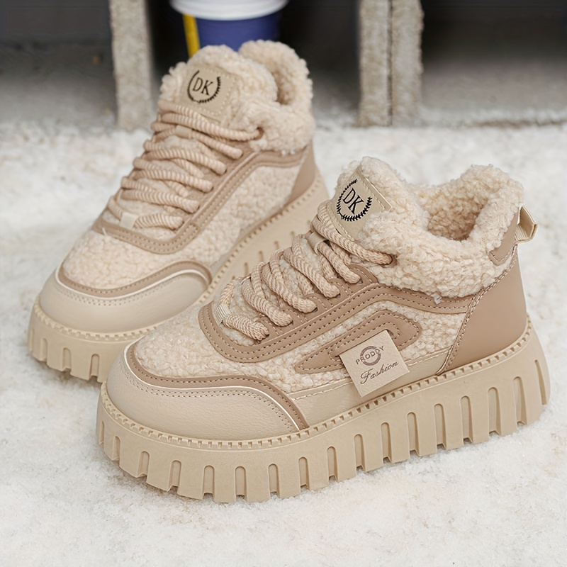 Women'S Winter Warm Boots - Thick Sole Ankle Boots with Lace-Up Closure, Beige & Black Accent - All-Season Cold Weather Hiking Shoes - Cushioned Insole - Non-Slip Rubber