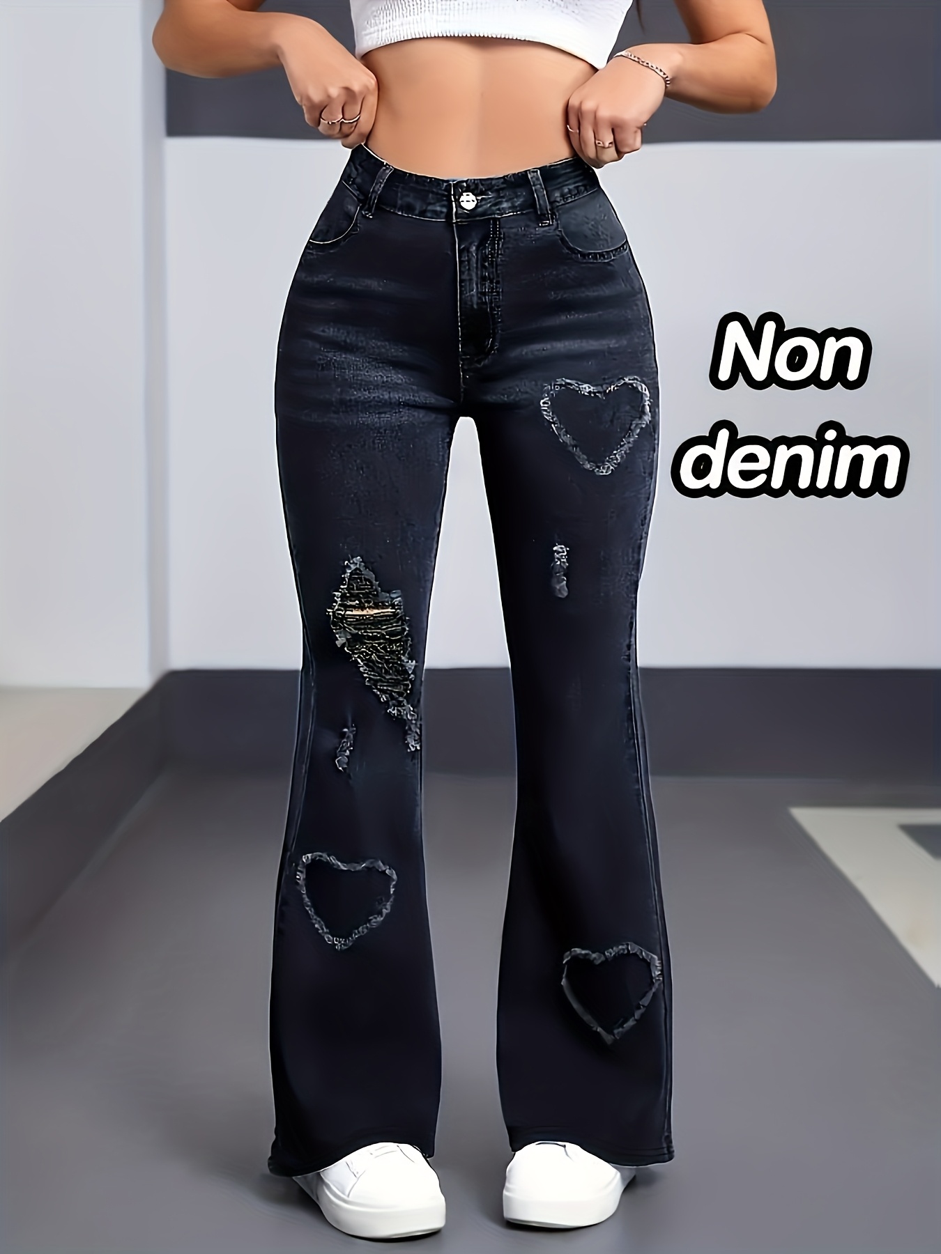 【imitation denim】[imitation Faux Denim]Women'S Elegant Black & Gray Heart Print Flared Faux Denim - Stretchy Non-Faux Denim Pants with Faux Button Closure, All-Season Casual to Formal Wear, Fashion Lovers, Stylish Bottoms, Comfortable Fit