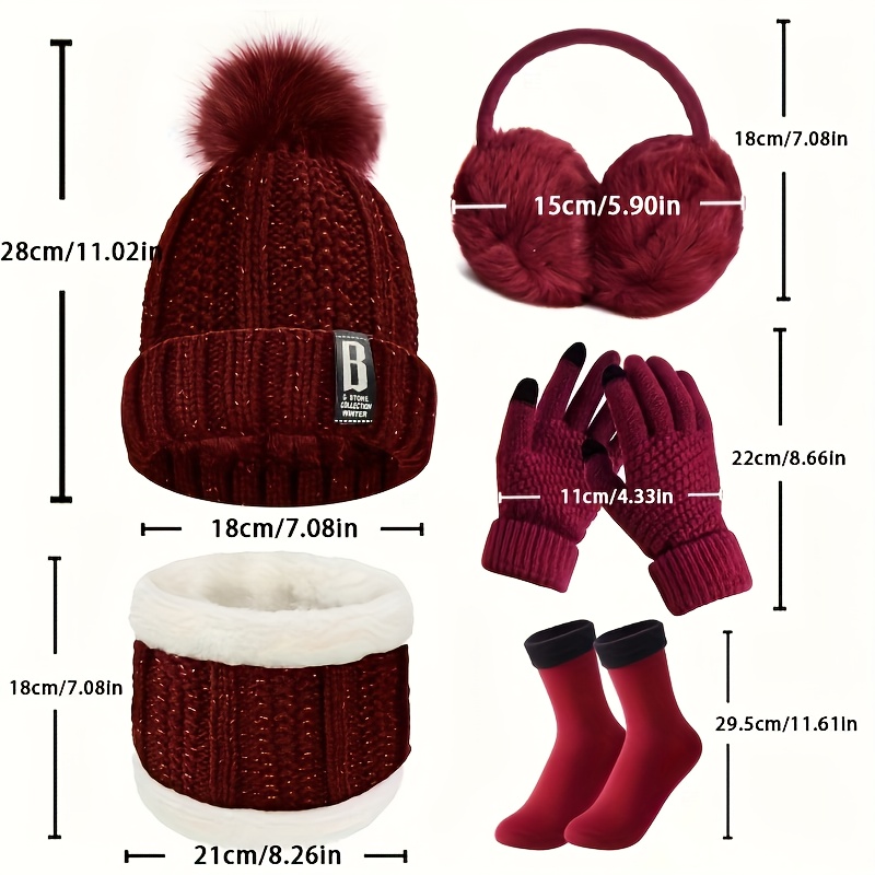 [Winter Sports Bundle] 5pcs/Set Winter Outdoor Sports Equipment - Thick Warm Knit Hat, Neck, Touch Screen Gloves, Plush Ear Muffs and Snow Socks for Skiing, Cycling and Hiking