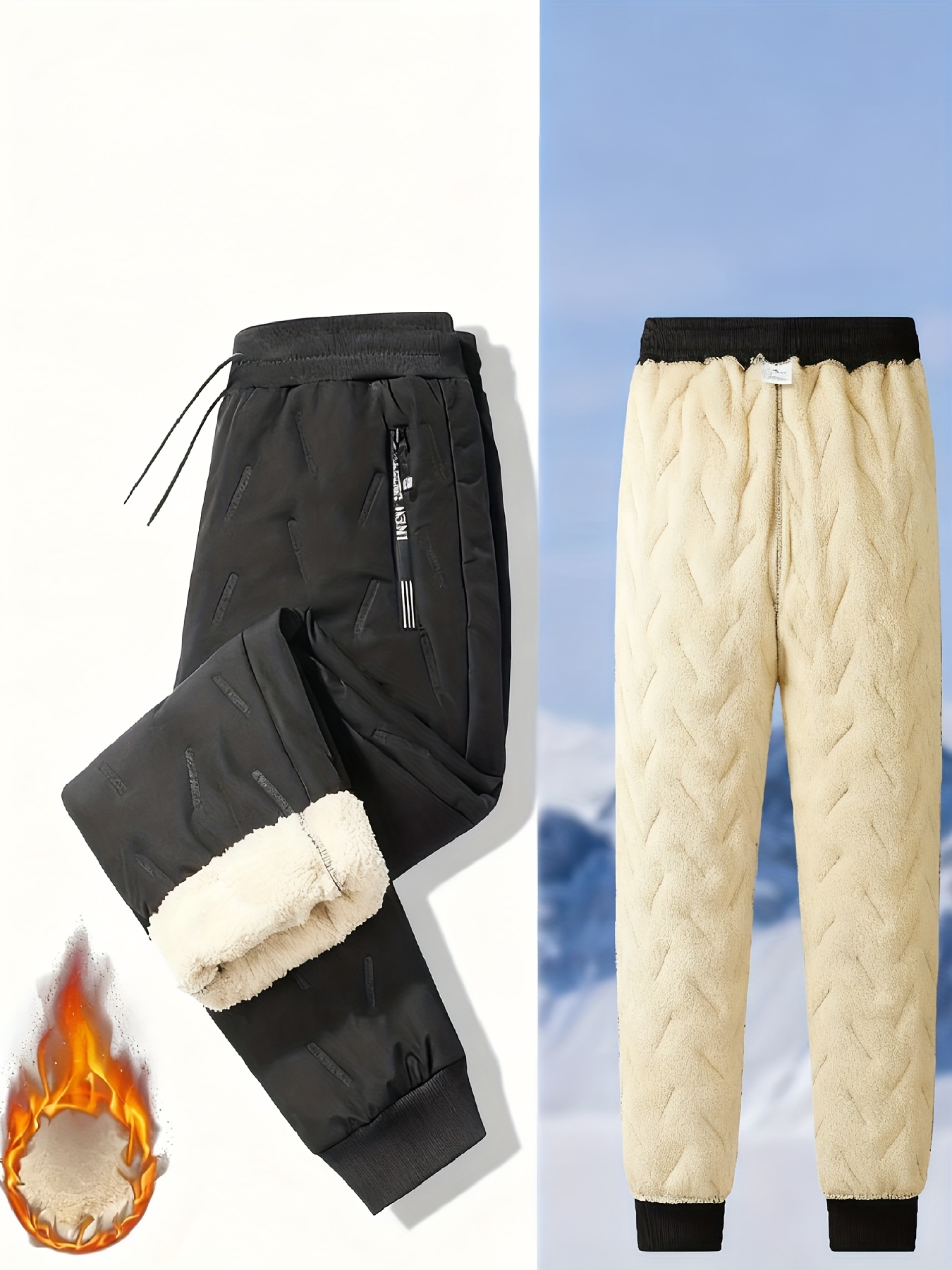 Women's Thermal Insulated Full-Length Winter Pants - Heavy-Duty Thermal Trousers with Elastic Drawstring Waist & Zippered Pockets, Beige/Black/Colors, Machine Washable for, Everyday & Formal Wear - Cold Weather Pants for Home, Work, Travel - Non-Stretchy Winter Pants with Windproof Design, Ribbed Texture, and Cuffed Ankle for Added Warmth, Ideal for Autumn and Winter Casual Outings, Gear, Durable Fabric