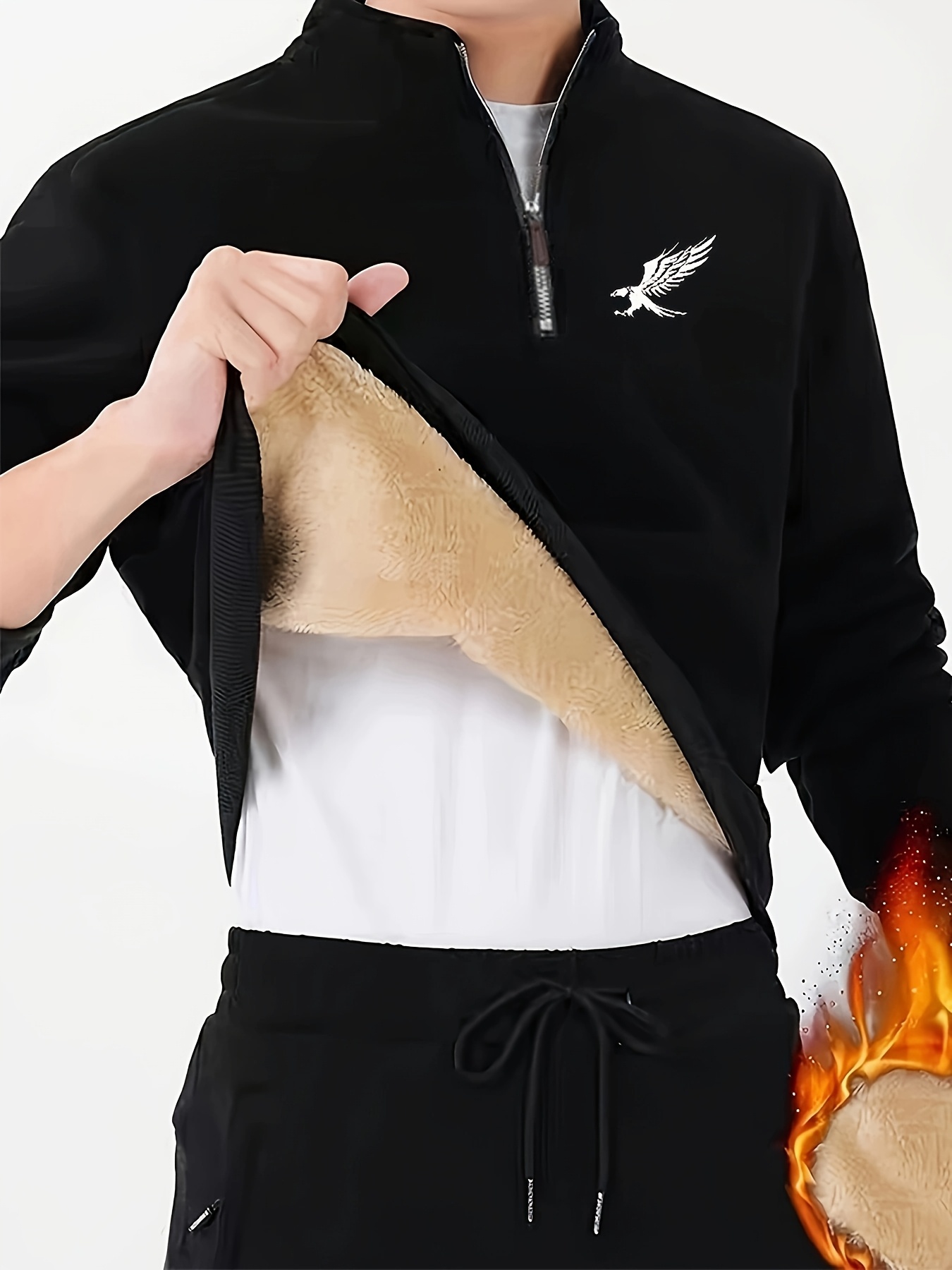 Men'S Cozy Fleece-Lined Winter Sweatshirt with Eagle Print - Warm Stand Collar, 1/4 Zip, Casual Long Sleeve for Fall & Winter, Brown with White Logo, Cozy Clothing | Casual Style | Durable Fabric, Thick