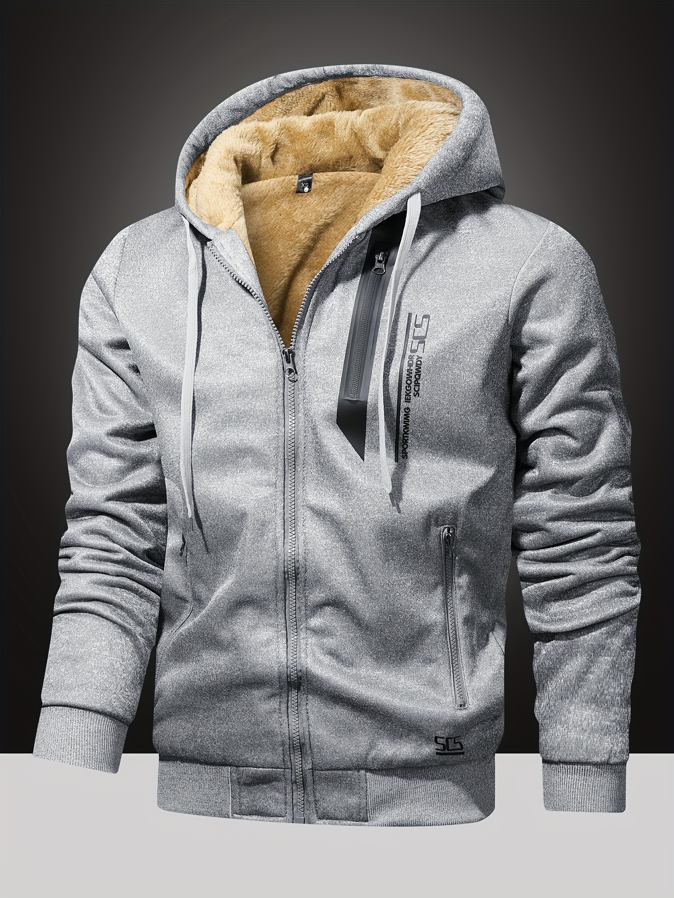 [Winter Fleece Hooded Jacket] Warm Thickened Polyester Men's Winter Fleece-Lined Hooded Jacket - Zipper Closure and Side Pockets for Casual and Athletic Use