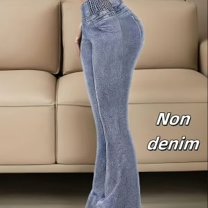[Denim Print/Imitation Denim] Printed Legging - Not Denim Fabric New Imitation Denim Blue Women's Leggings - Elegant Stretch Flared Pants
