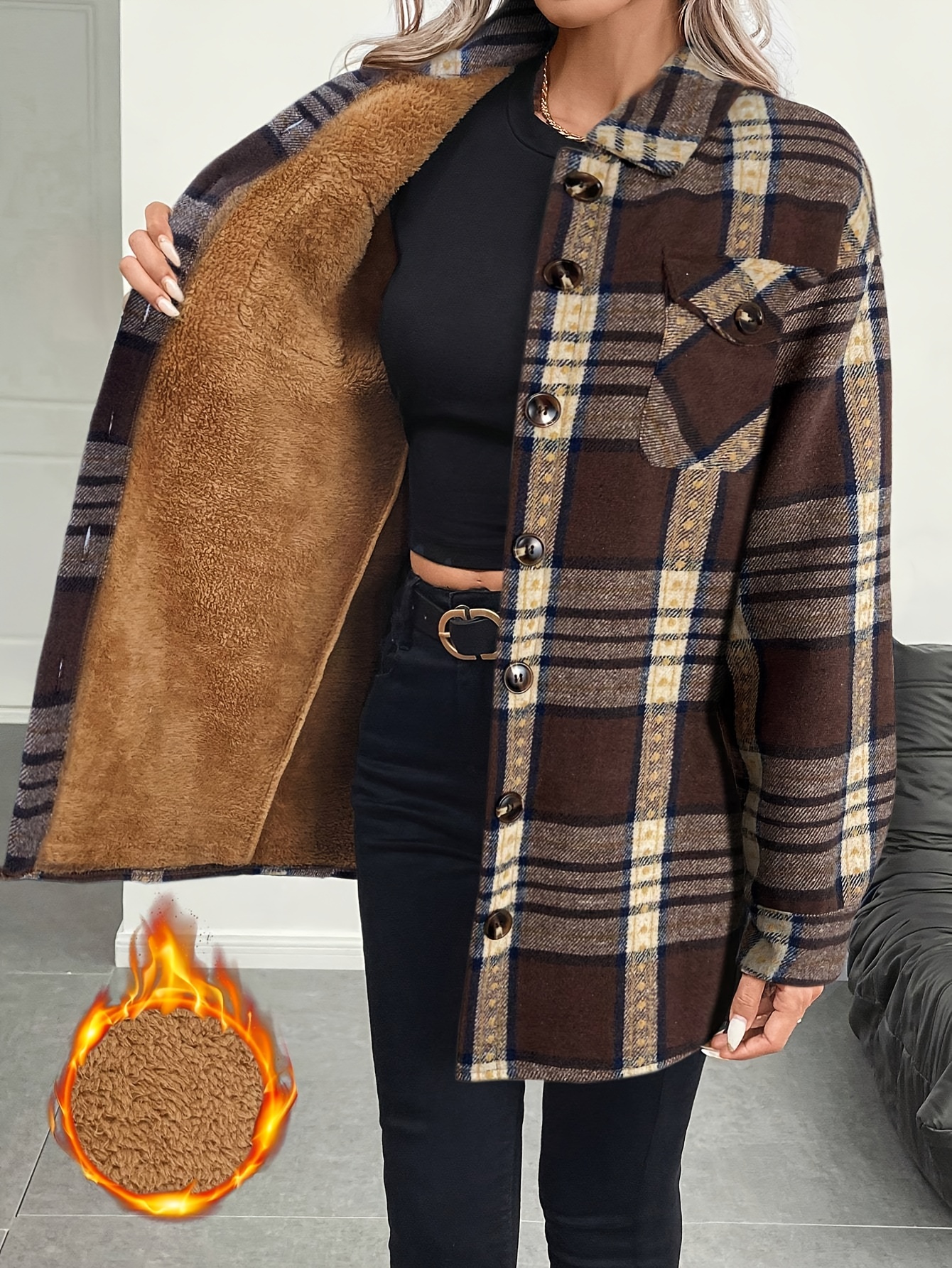 Tweed Coat Winter Thick Fleece Lined Plaid Overcoat, Versatile for Daily Wear and Office Casual Outfits