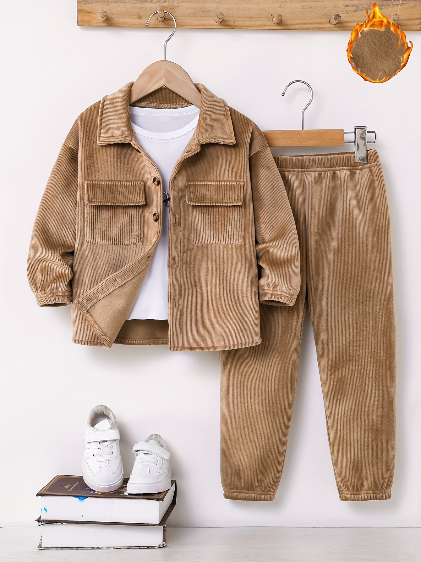 2pcs Boys' Autumn/Winter Fleece-Lined Jacket and Pants Set, Classic Solid Color with Pockets, Durable 100% Polyester Knit Fabric for Outdoor Activities & Casual Attire - Perfect Gift for Kids, Perfect for Outdoor