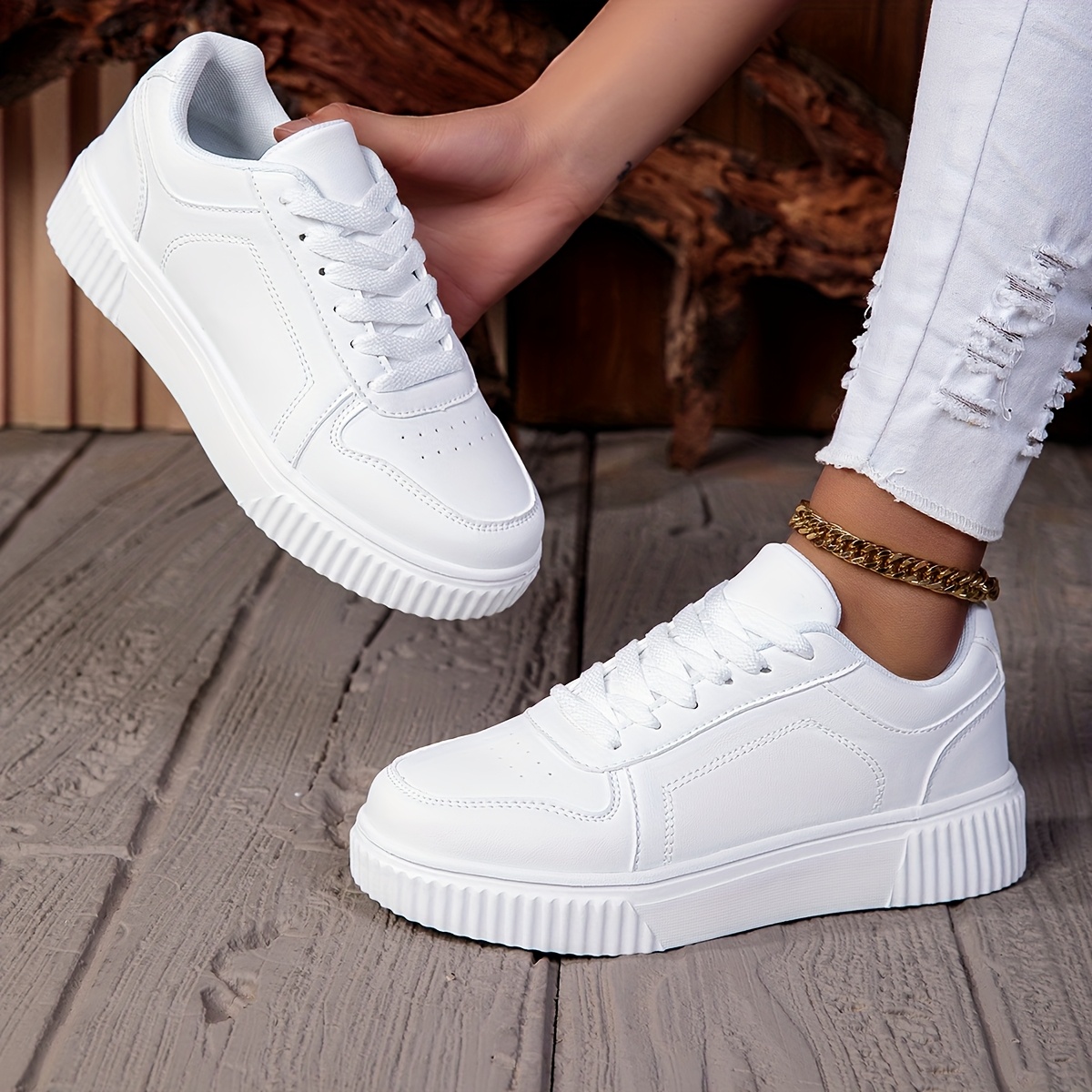 Women'S Casual Low-Top Lace-Up Sneakers - Breathable Lining, Lightweight PU & EVA Sole, White Geometric Design, All-Season Comfort for Outdoor Walking, Travel & Daily Wear, Durable & Stylish, Perfect for Live Streaming or Retail, Versatile Lifestyle Shoes | Minimalist Design | Comfortable Fit Shoes