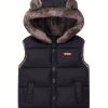 Kids Winter Warm Hooded Vest, Casual Solid Color Polyester 100% Thickened Lined Short Suit for Boys, Non-Stretch Woven Fabric, Regular Fit - Fall/Winter Collection