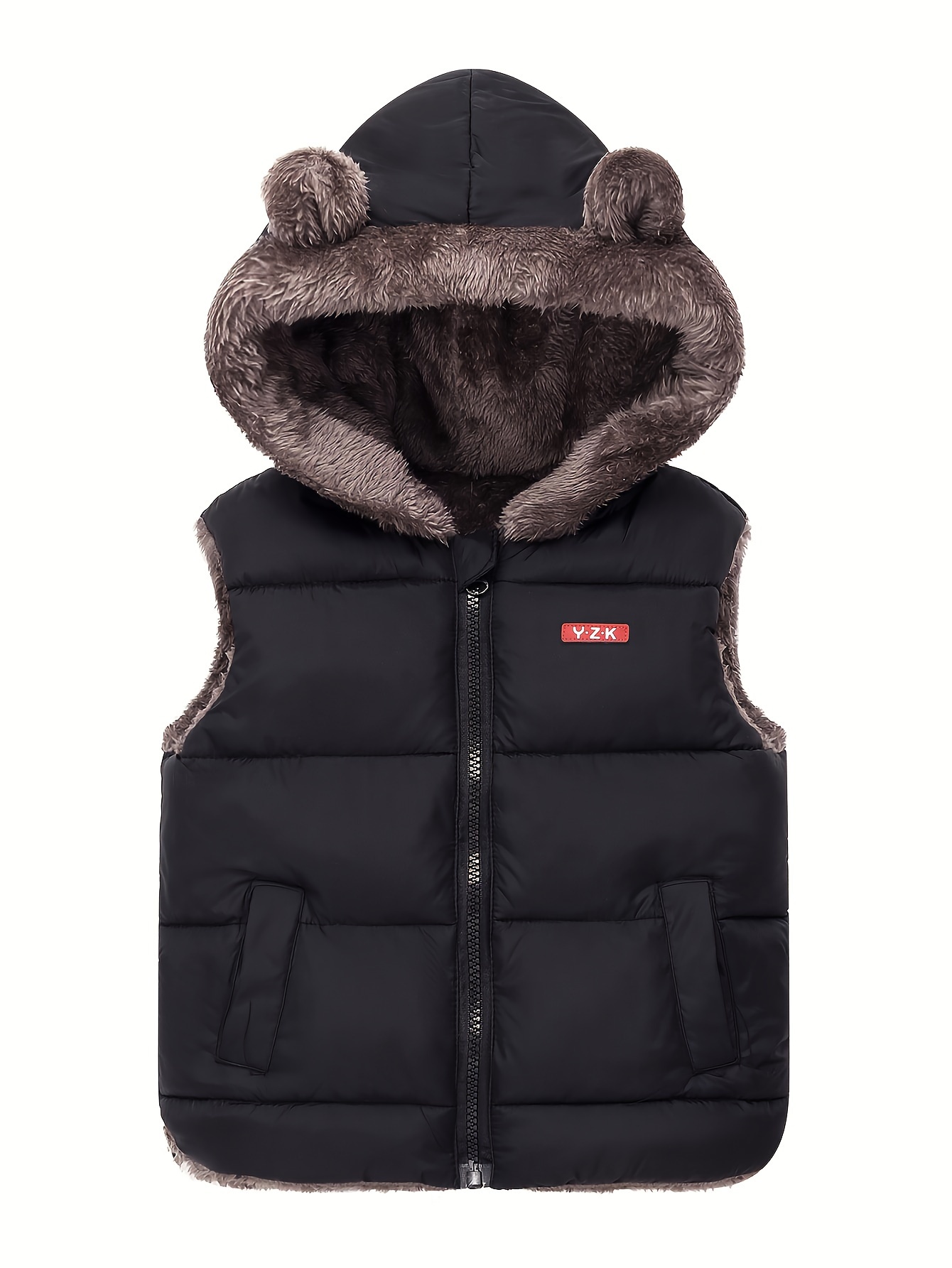 Kids Winter Warm Hooded Vest, Casual Solid Color Polyester 100% Thickened Lined Short Suit for Boys, Non-Stretch Woven Fabric, Regular Fit - Fall/Winter Collection