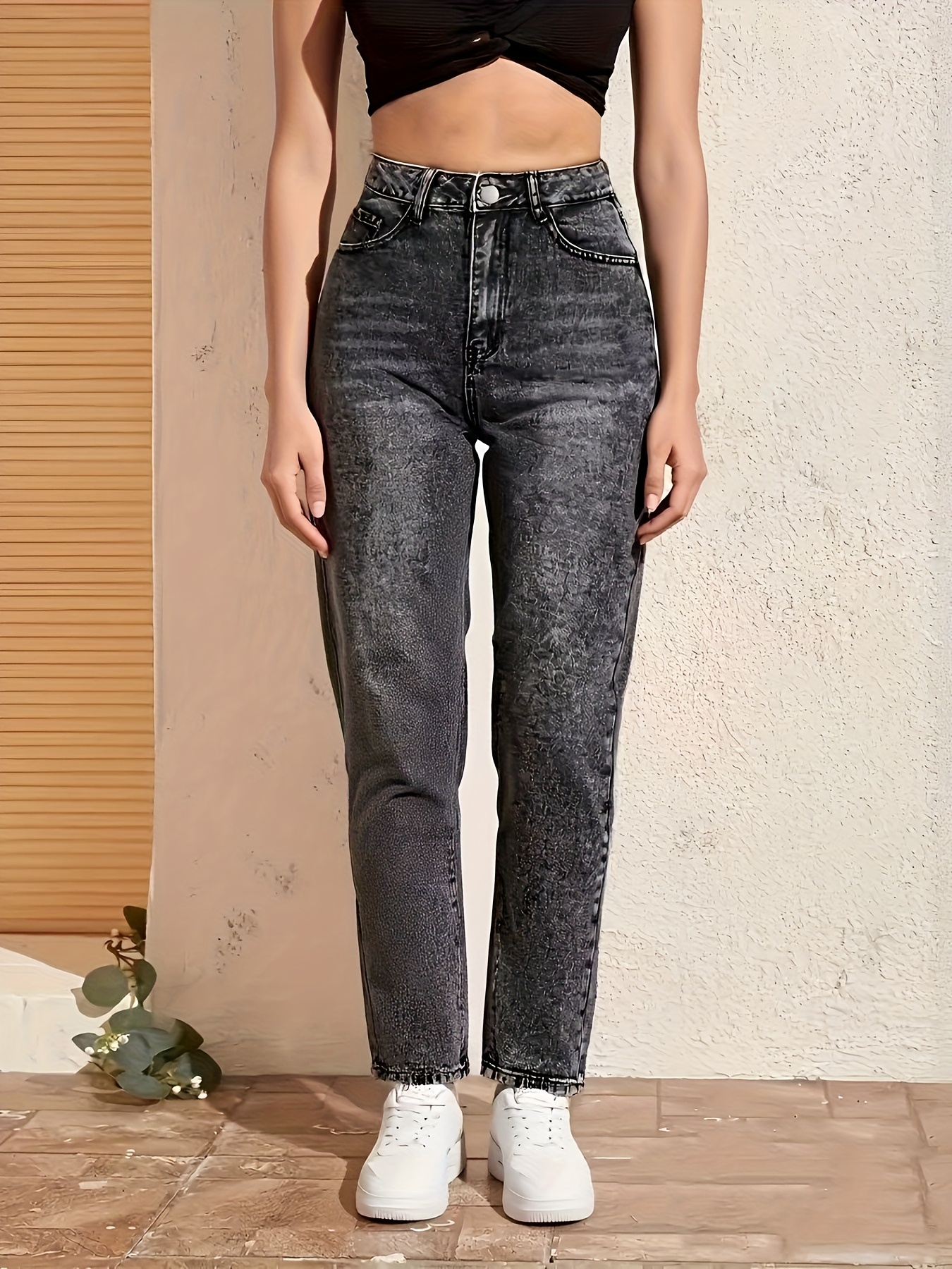 High-Waisted Stretch Skinny Jeans - 7/8 Length Straight-Leg Trousers with Beltless Waist & Built-In Zipper Closure, Wash/Dark Wash (Black) - All-Season Elegant Pants for, Formal & Casual Attire - Image 5