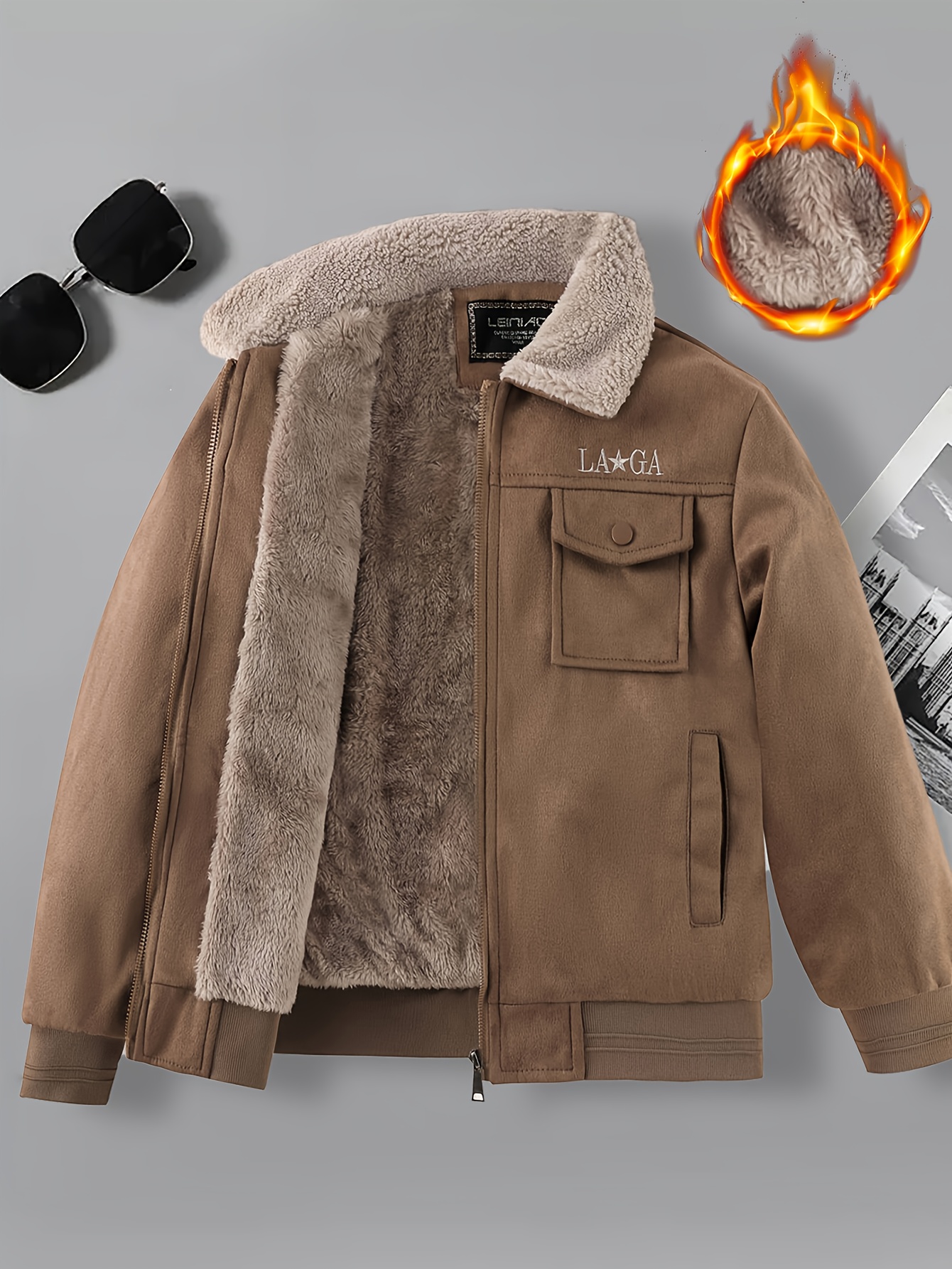 Boys' Autumn/Winter Fashion College Style Retro Street Trend Casual Versatile Fleece-Lined Zip-Up Jacket with Plush Collar, Multiple Pockets, and Hooded Coat for Outdoor Wear