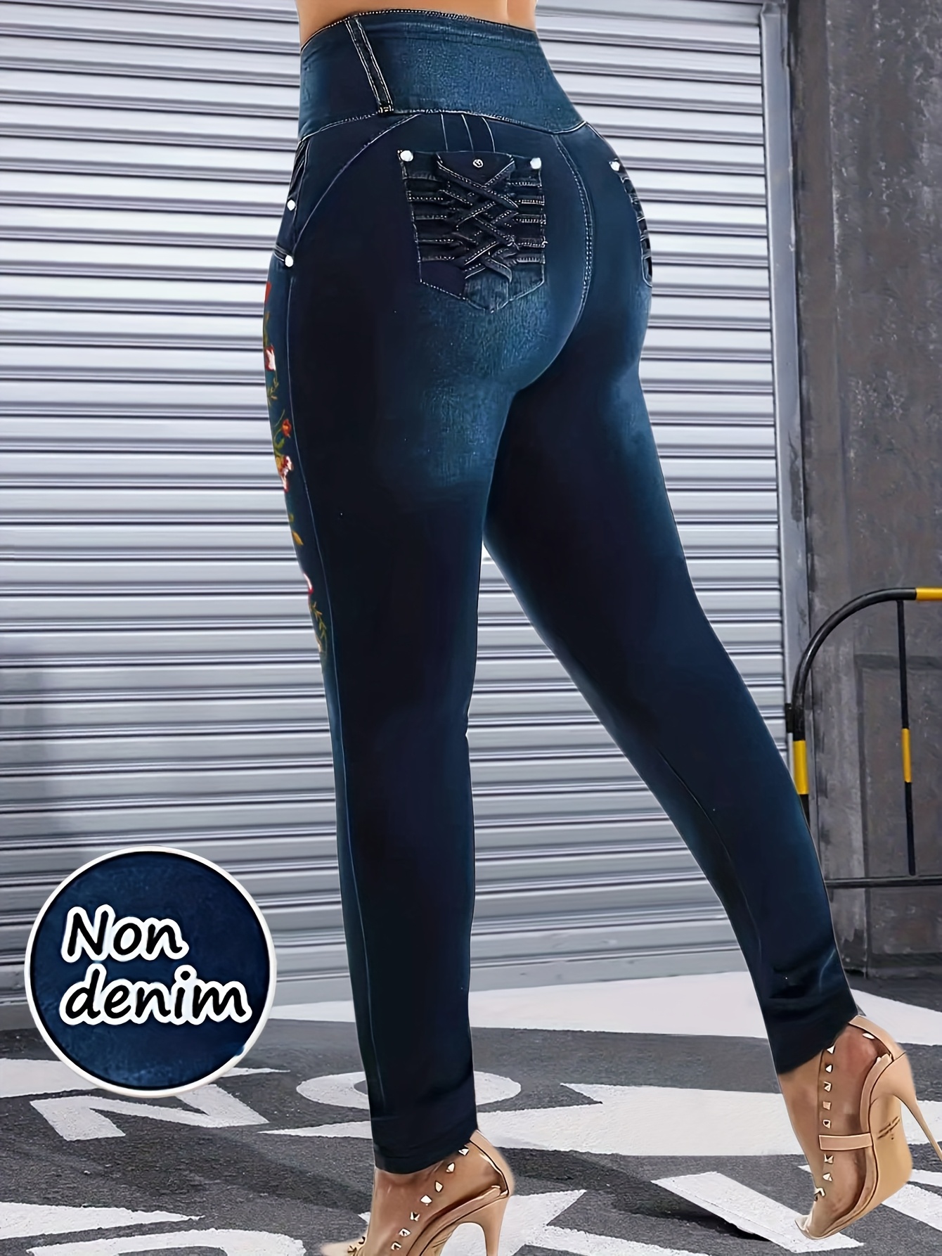 [Denim Print/Imitation Denim] Women's Stretch Denim-Like Leggings - Slim-Fit High-Waisted Pants with Blue Wash & White Fringe-Like Print (No Buttons/Zippers), All-Season Machine Washable Trousers for Jeans or Dress Wear, Comfortable Tight Clothing