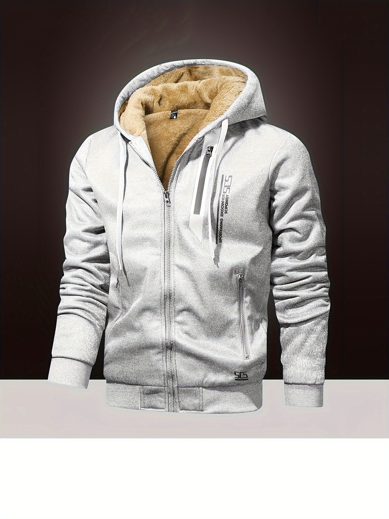 [Winter Fleece Hooded Jacket] Warm Thickened Polyester Men's Winter Fleece-Lined Hooded Jacket - Zipper Closure and Side Pockets for Casual and Athletic Use