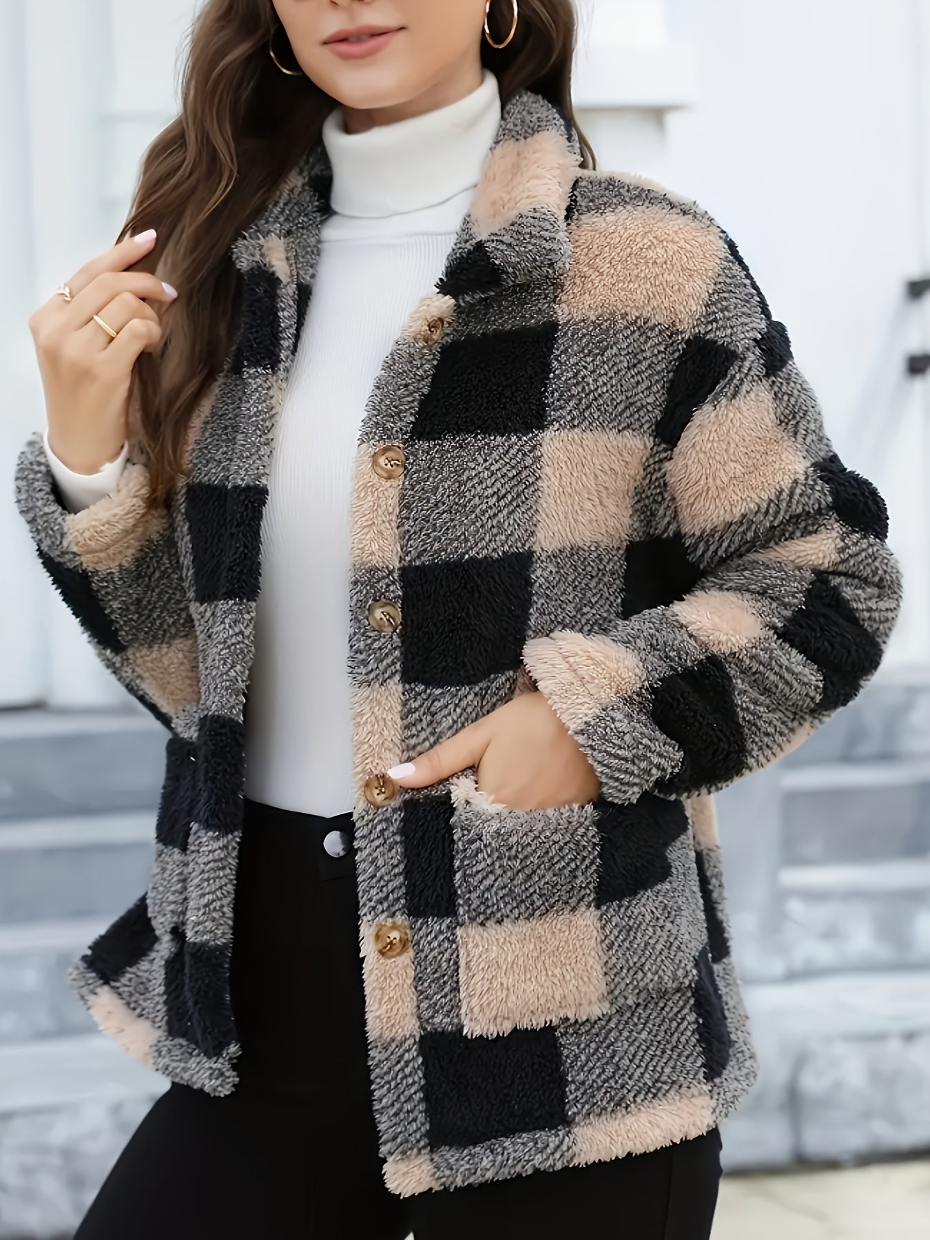Women'S Cozy Fleece Jacket - Soft Plaid Coat with Button Front Closure, Long Sleeve Winter Outerwear for Fall & Winter, & Brown Tartan Pattern