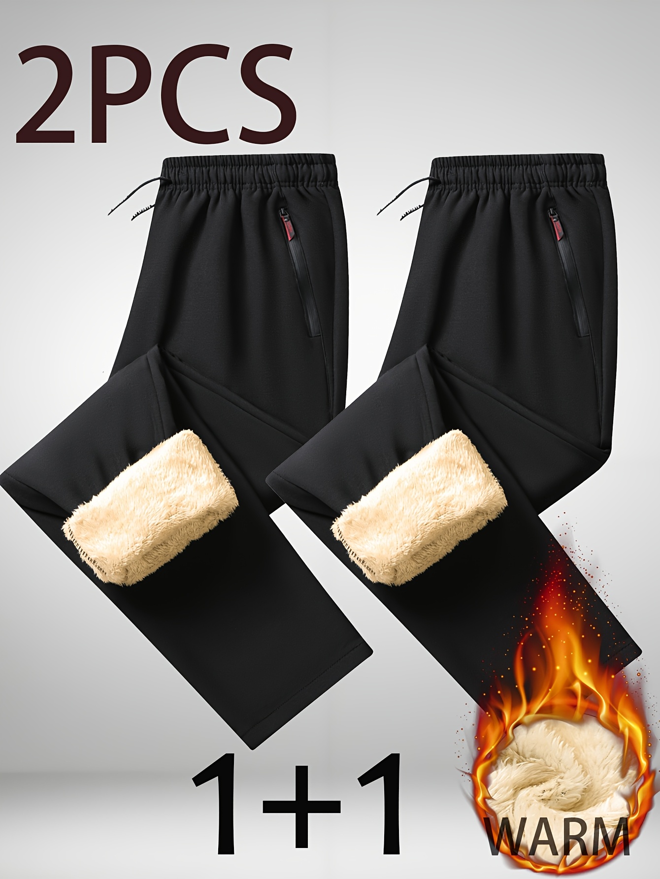 2pcs Men'S Warm Fleece-Lined Thermal Pants with Zipper Pockets - Thickened Winter Warmth, Straight-Leg Casual Sports Pants for Hiking, Outdoor Training & Daily Wear, Hiking Apparel | Straightleg Pants | Durable Fabric - Image 4