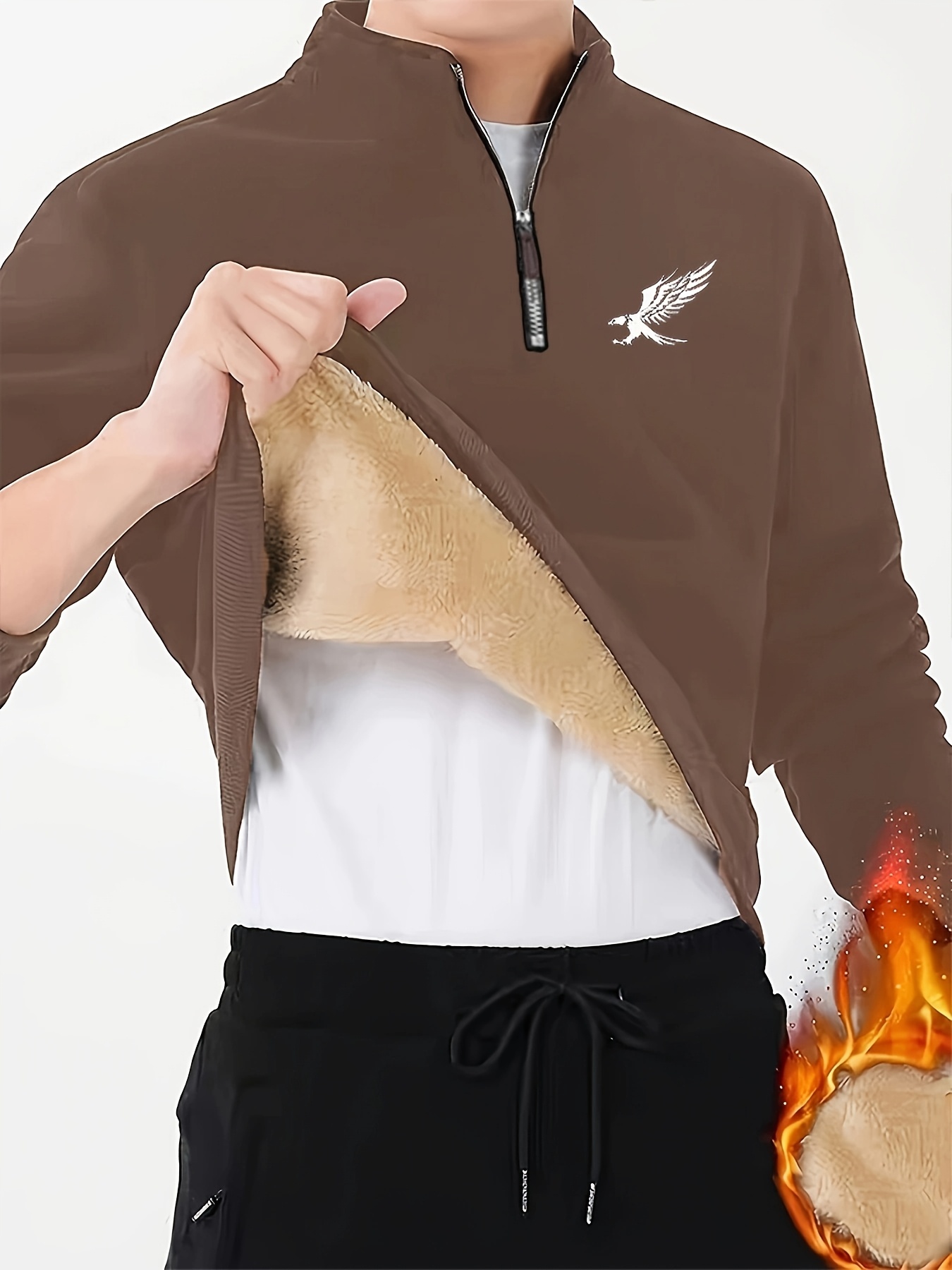 Men'S Cozy Fleece-Lined Winter Sweatshirt with Eagle Print - Warm Stand Collar, 1/4 Zip, Casual Long Sleeve for Fall & Winter, Brown with White Logo, Cozy Clothing | Casual Style | Durable Fabric, Thick