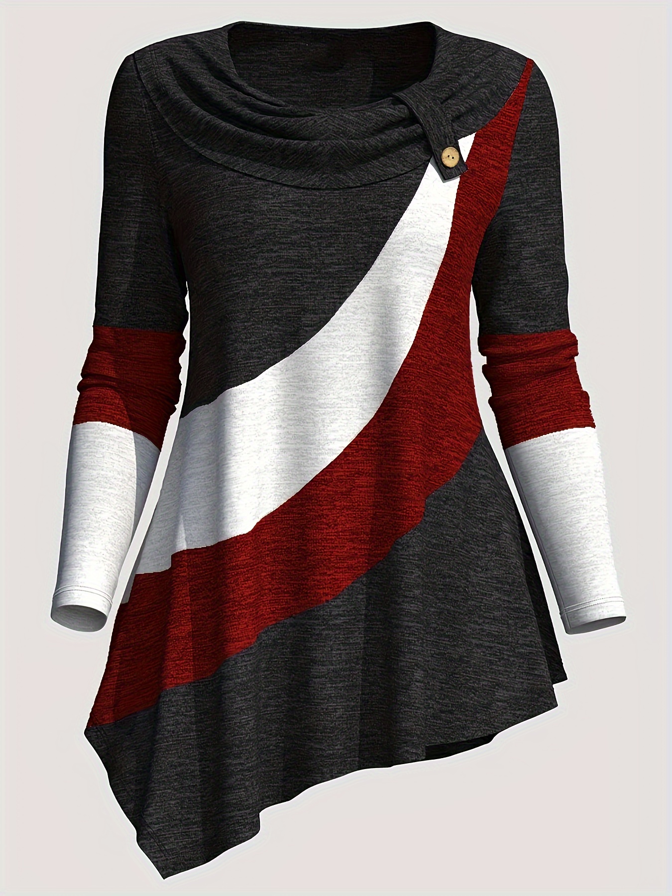 Vibrant Patchwork Print Asymmetrical T-Shirt - Long Sleeve, Color Block Design, Casual Chic, Spring & Fall Essential, Women's Clothing, Relaxed Fit