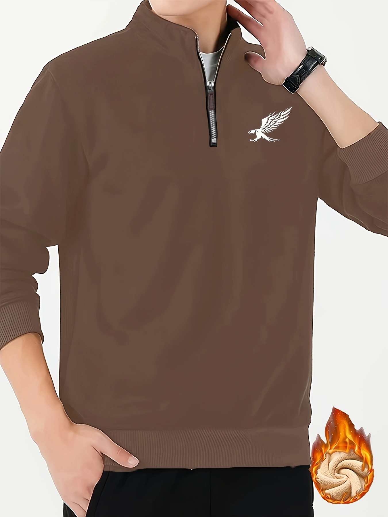 Men'S Cozy Fleece-Lined Winter Sweatshirt with Eagle Print - Warm Stand Collar, 1/4 Zip, Casual Long Sleeve for Fall & Winter, Brown with White Logo, Cozy Clothing | Casual Style | Durable Fabric, Thick