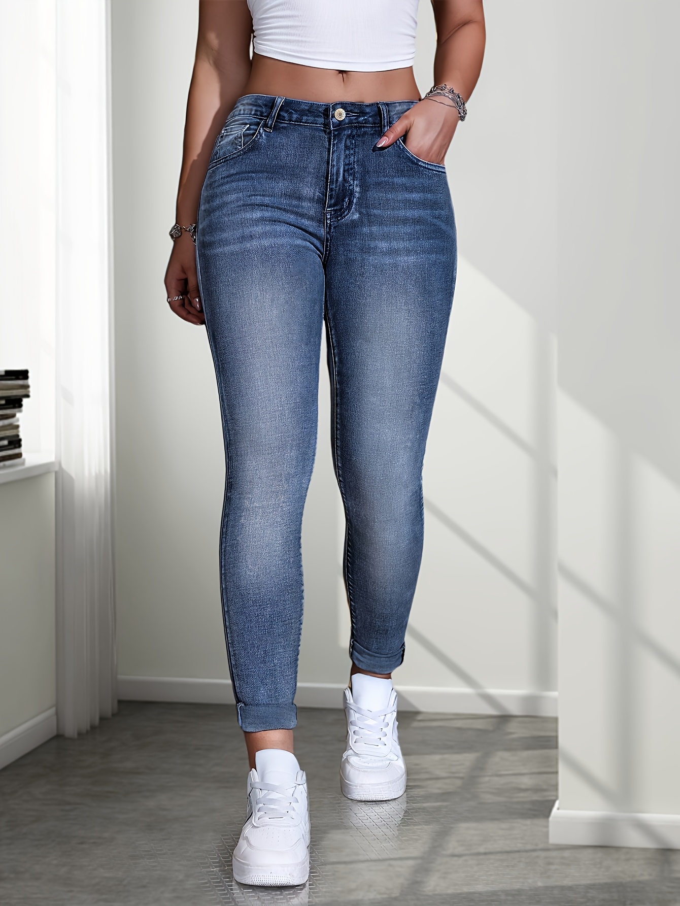 Women'S High-Waisted Stretch Denim Jeans - Slim Fit, Button Detail, Zipper Fly, All-Season Comfort, Light Blue, Casual Style, Comfortable Fashion|Slim Fit Jeans|Zipper Closure - Image 3