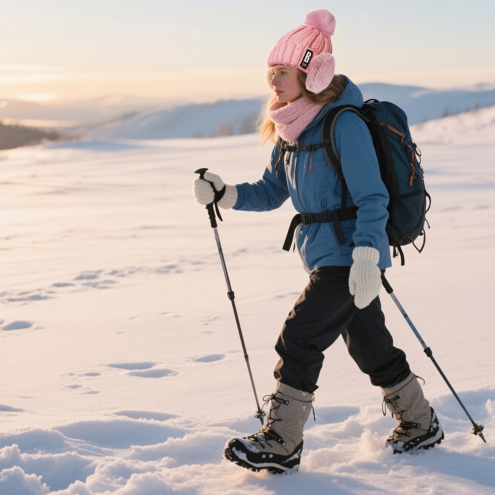 A 4pcs Women'S Winter Accessories Set Includes a Cozy Knitted Hoodie, a Furry Top, Touchscreen-Compatible Gloves, Earmuffs, a Neck Warmer, And Essential Protective Gear for The Cold And Snow Outdoors.