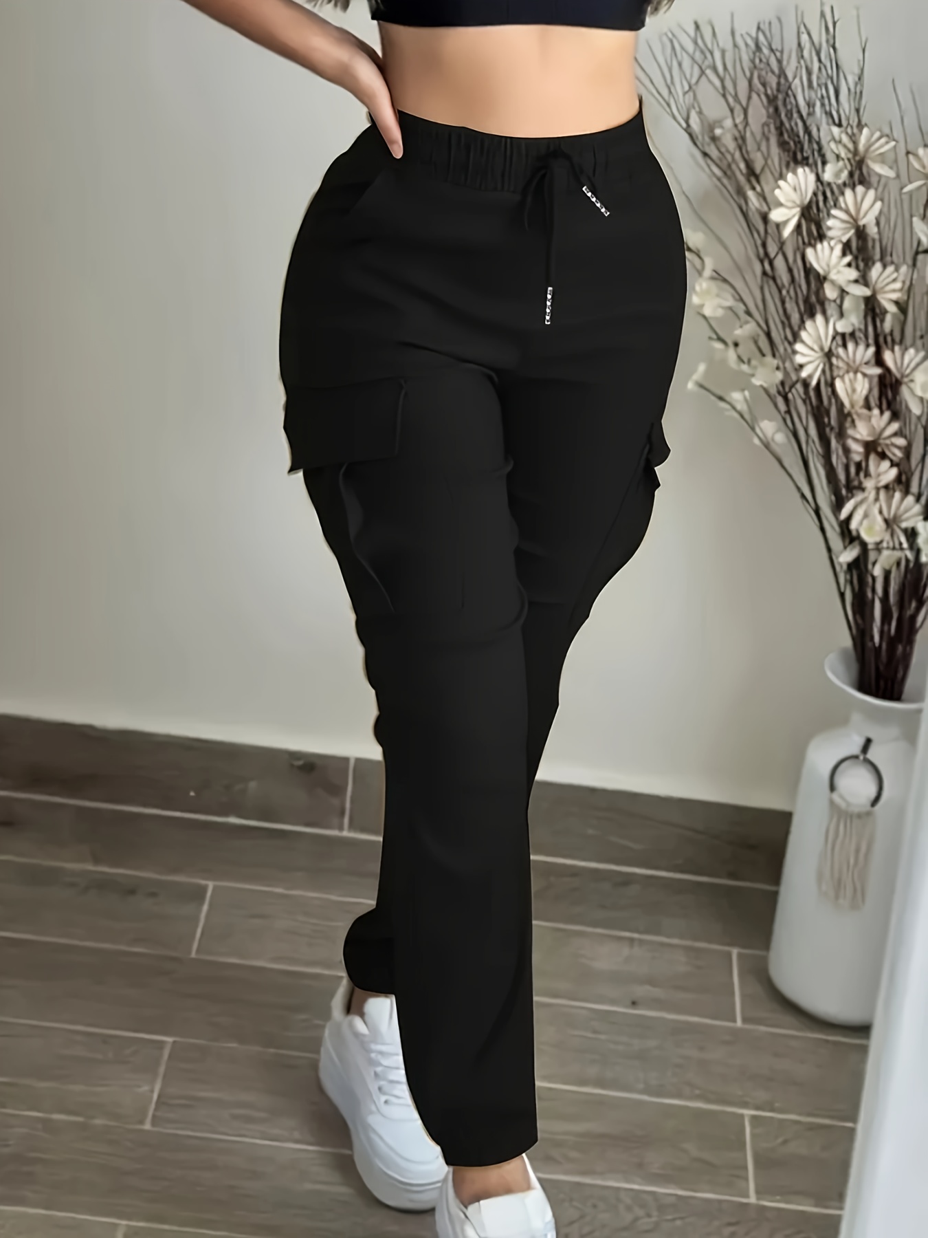 Women's Black Cargo Pants with Elastic Drawstring Waist & Multiple Pockets - Regular Fit Long Length Casual Workwear-Style Trousers for All-Season Casual Attire - Image 9
