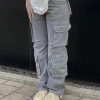 Women'S High-Waist Stretch Denim Cargo Pants - Light, Multiple Pockets, Zipper Fly, Straight Leg, Casual Streetwear Style, All-Season Comfort, High Waisted Jeans