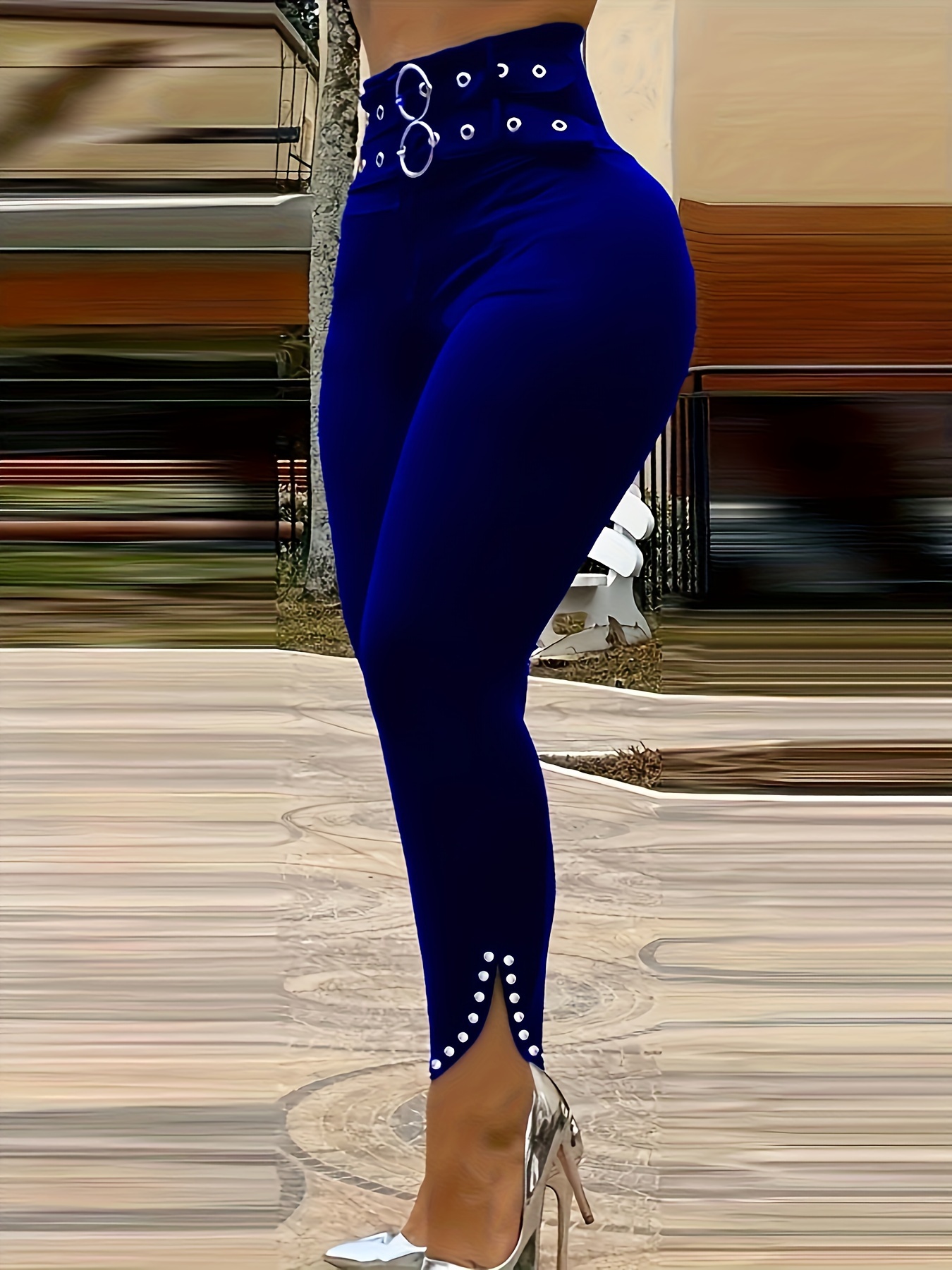 Chic Green High-Waist Skinny Pants with Elegant Button & Grommet Detail - Versatile, Stretchy Polyester, Machine Washable - Perfect for All Seasons