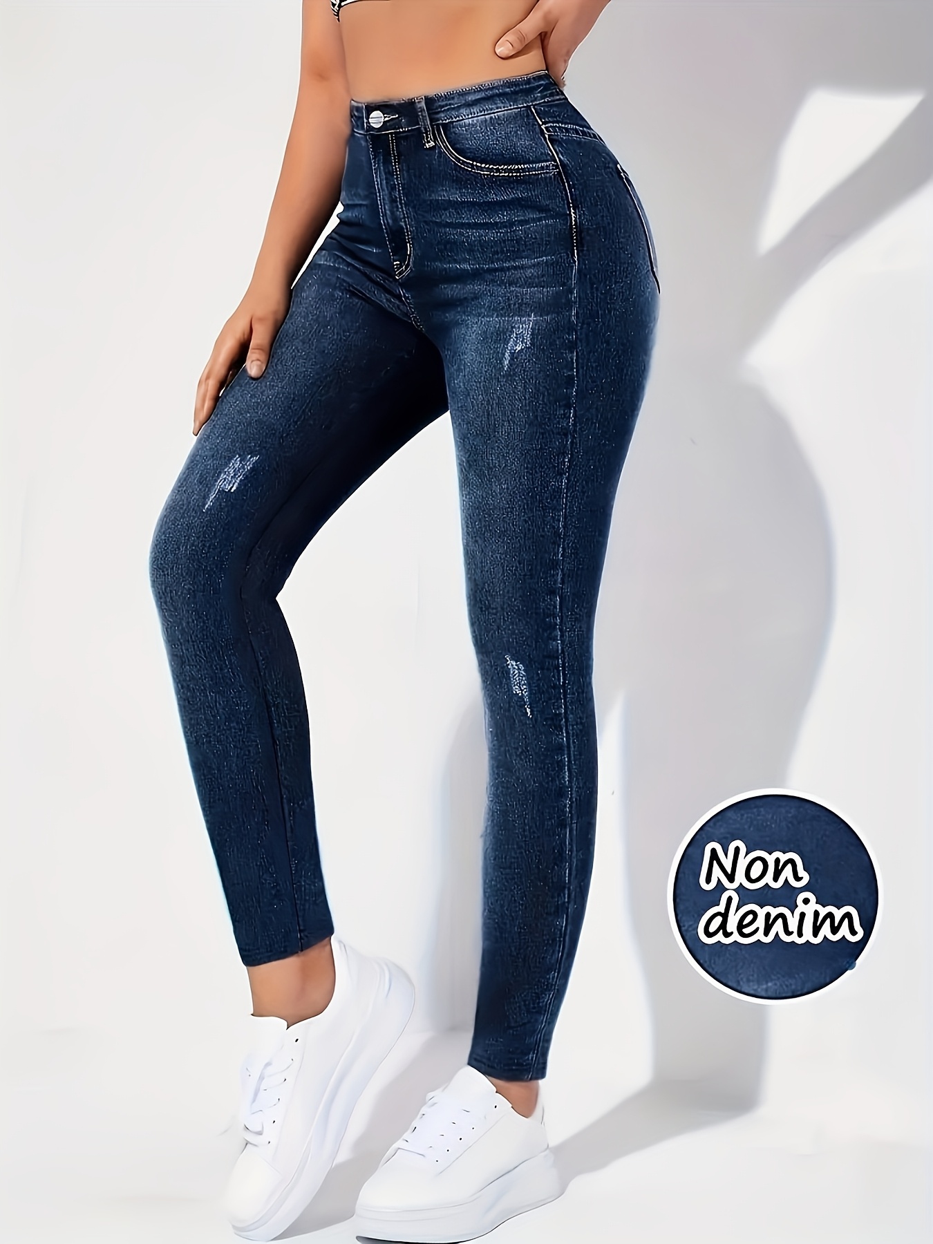 Women's High-Waisted Stretch Skinny Jeans - Tummy Control Bootcut Leg with Belt Loops & Button Closure, Retro Blue Wash Pants for All-Season Wear, Tight-Fitting Non-Sheer (Machine Washable) - Image 2