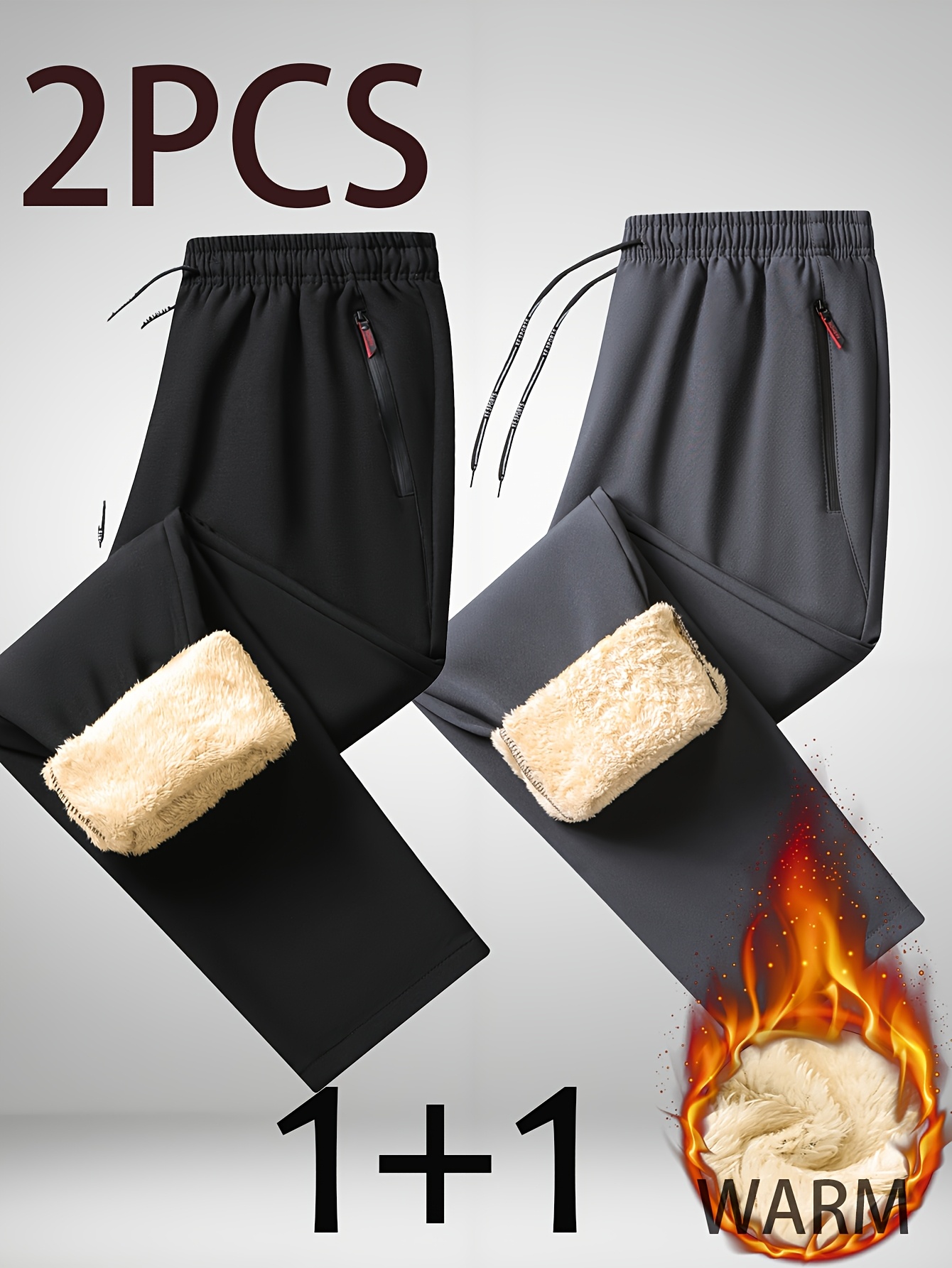 2pcs Men'S Warm Fleece-Lined Thermal Pants with Zipper Pockets - Thickened Winter Warmth, Straight-Leg Casual Sports Pants for Hiking, Outdoor Training & Daily Wear, Hiking Apparel | Straightleg Pants | Durable Fabric
