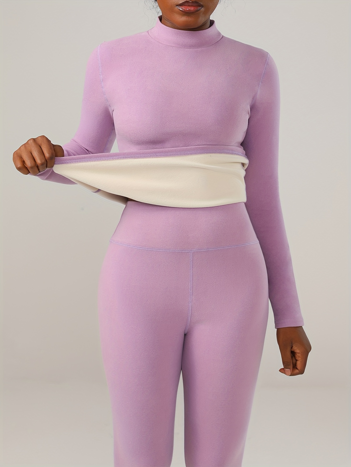 [Warm Fleece-Lined Thermal Set] 2pcs Set - Women's Fleece-Lined Thermal Underwear | Autumn/Winter Thickened Warm Long-Sleeve High-Neck Top and Pants, Elastic Casual Comfortable