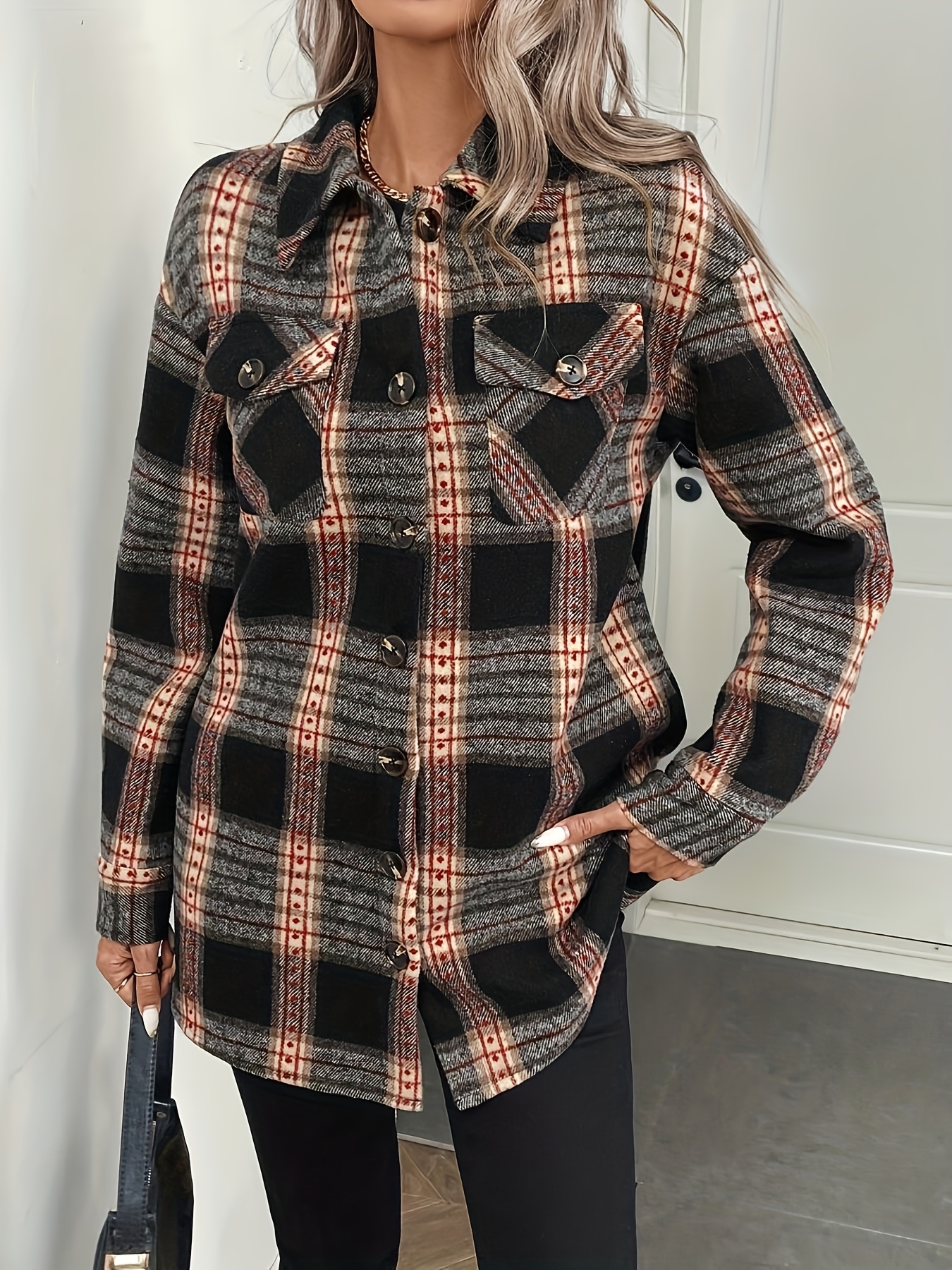 Tweed Coat Winter Thick Fleece Lined Plaid Overcoat, Versatile for Daily Wear and Office Casual Outfits