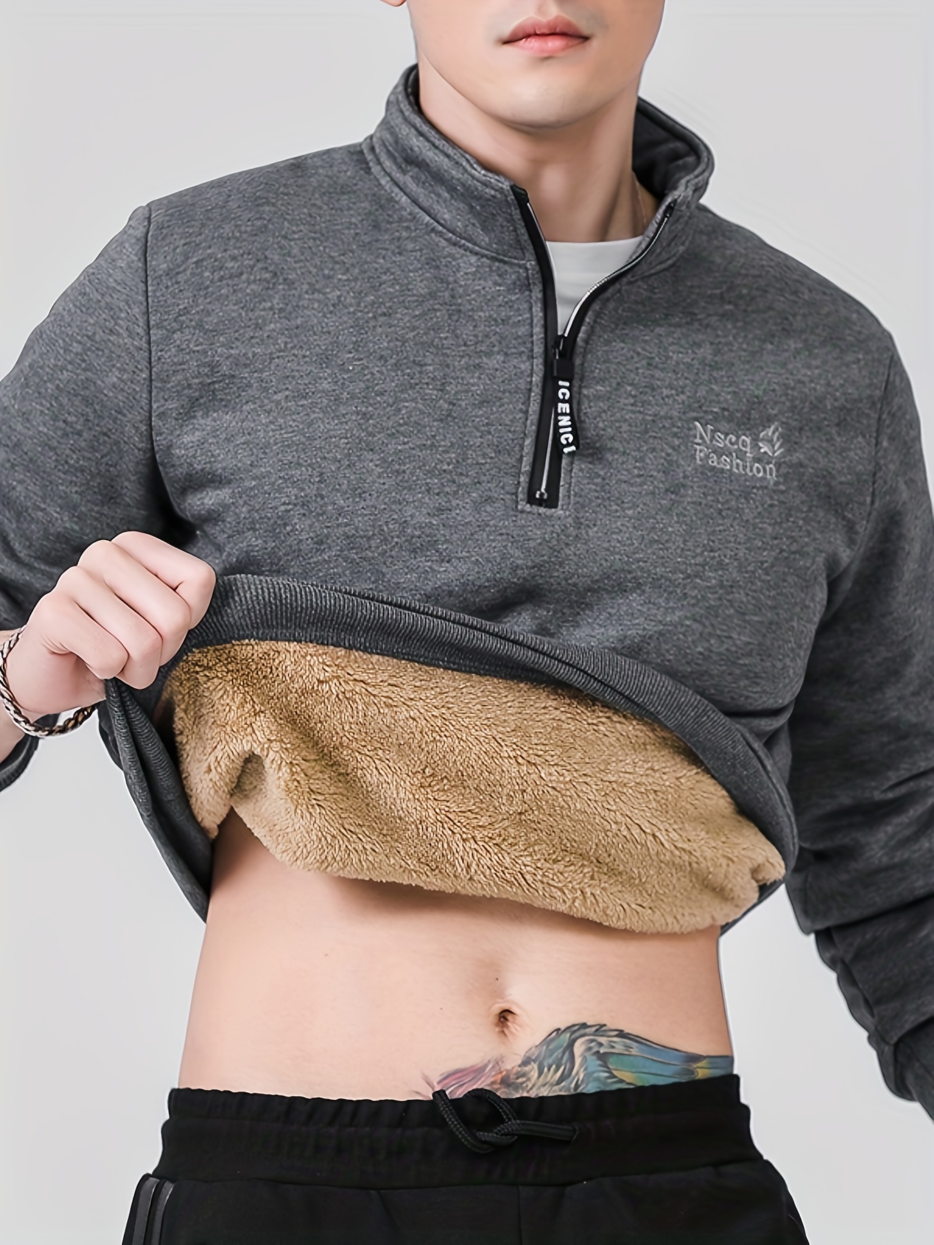 Men's Thermal Stand Collar Sweatshirt - Winter Warm Pullover, Black Casual Everyday & Formal Cold Weather Clothing, Seasonal Fashion, Stylish Pullover, Quality Stitching, Lined Jacket, Outdoor Enthusiasts