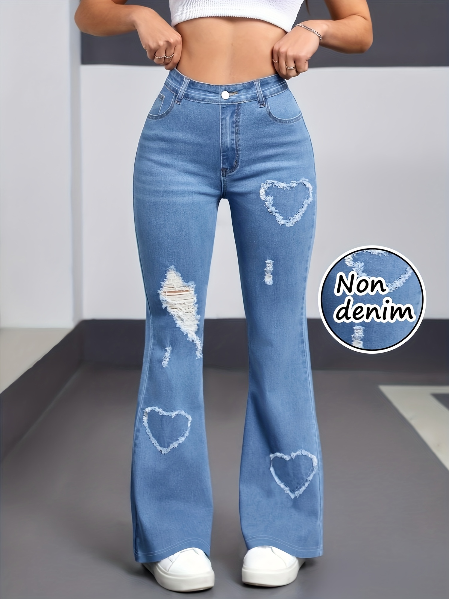 【imitation denim】[imitation Faux Denim]A Pair of Women'S High-Waisted Stretchy Flared Pants - Featuring a Faux Denim Print And Detailed with Fake Pockets / Machine Washable for All Seasons / Designed in a Middle Eastern Style Suitable for Both Casua