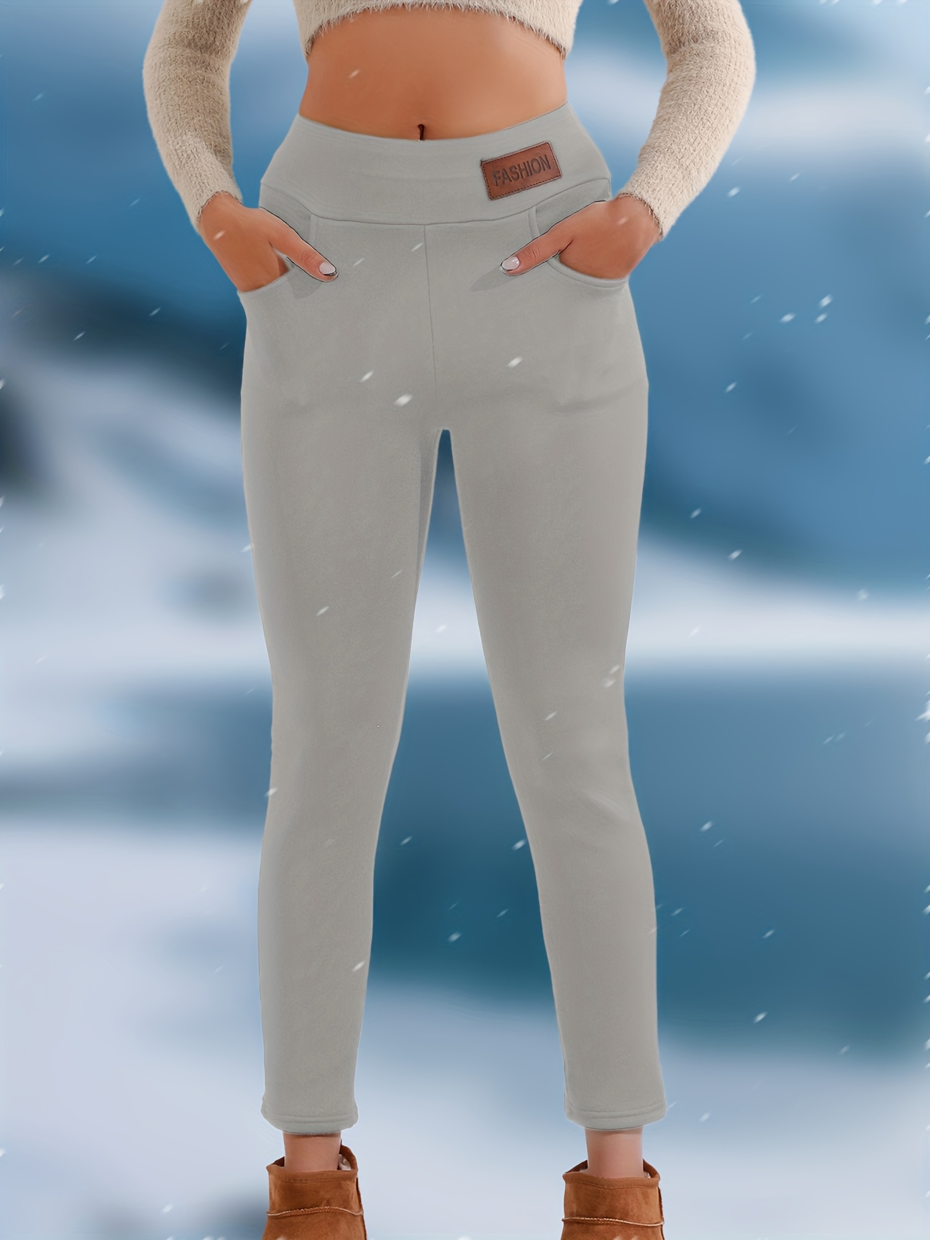 Women'S High-Waisted Thermal Leggings with Pockets - 360g/m² Thickened Winter Pants, Slim Fit, Double Pockets, Velvet Lining, Medium Stretch for Snow Travel & Daily Wear, Solid Color, Winter Leggings, Outdoor Hiking Apparel, Sleek Sporty Design, Comfortable Fit - Image 11