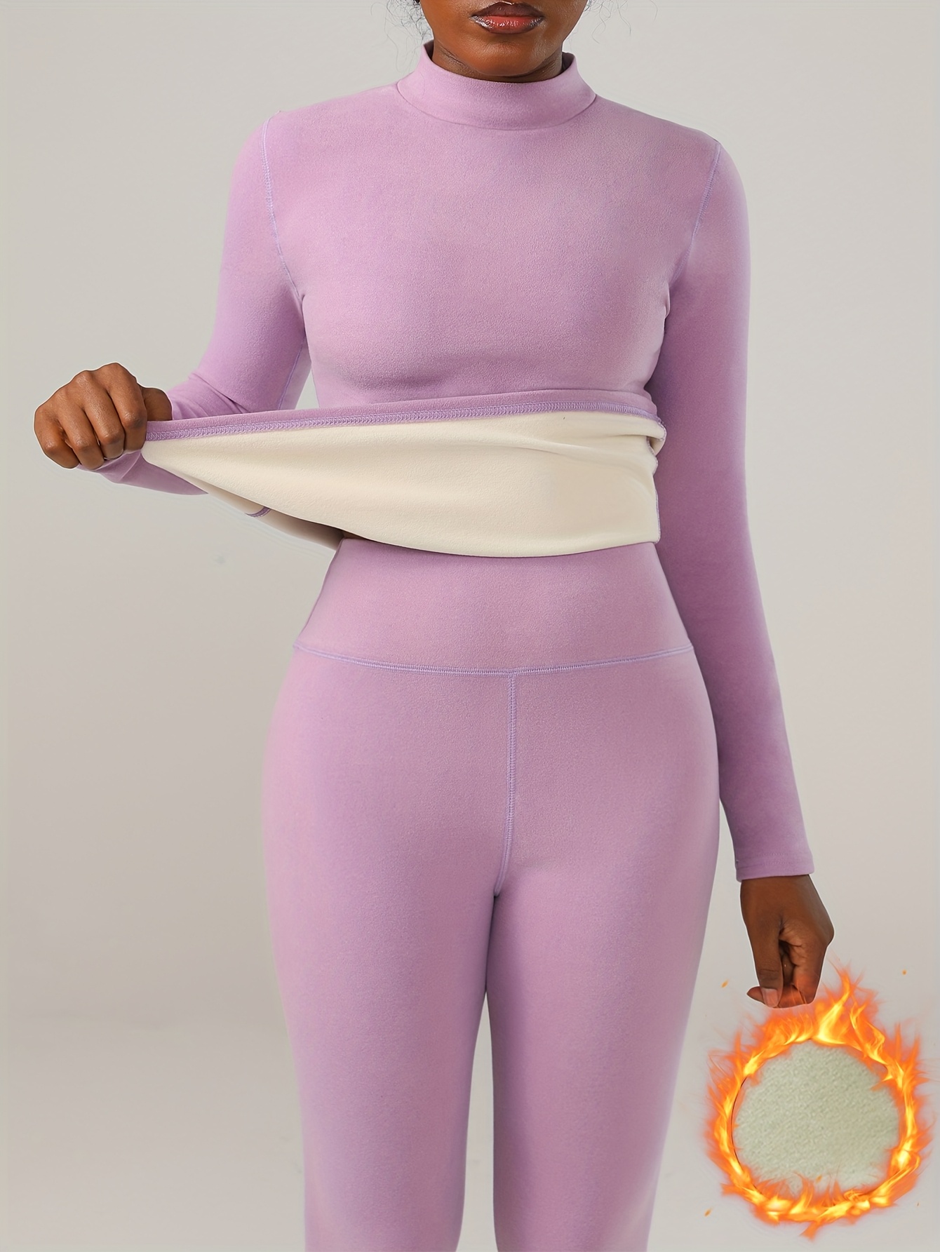[Warm Fleece-Lined Thermal Set] 2pcs Set - Women's Fleece-Lined Thermal Underwear | Autumn/Winter Thickened Warm Long-Sleeve High-Neck Top and Pants, Elastic Casual Comfortable