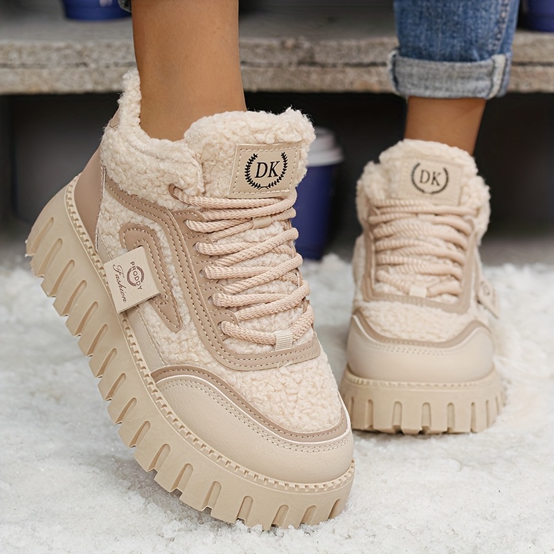 Women'S Winter Warm Boots - Thick Sole Ankle Boots with Lace-Up Closure, Beige & Black Accent - All-Season Cold Weather Hiking Shoes - Cushioned Insole - Non-Slip Rubber