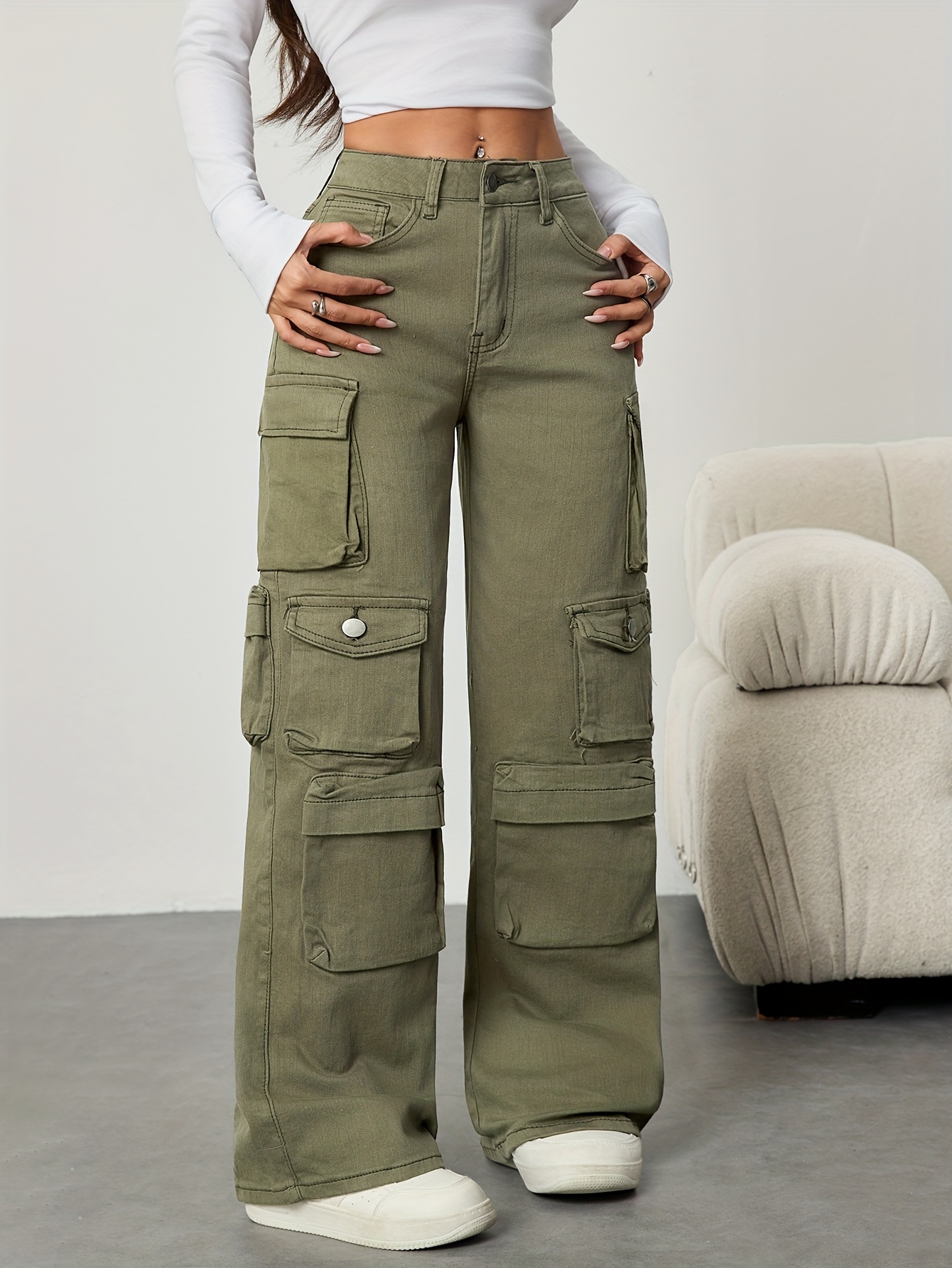 Women'S Heavyweight Cargo Pants - Non-Stretch Work Pants with Multiple Utility Pockets, Olive Green Trousers for Everyday & Formal Outfits - Durable Office, Travel