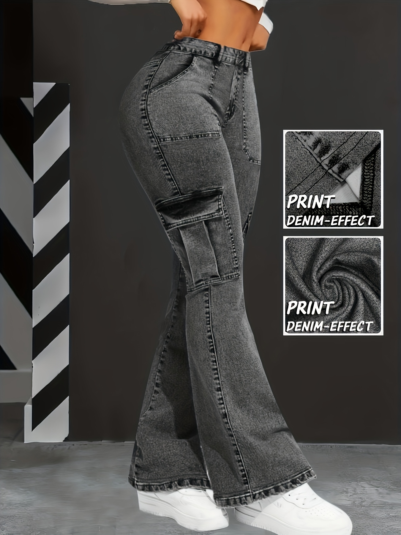 [Denim Print/Imitation Denim] Printed Denim Effect leggings, Kuangye Dingxiang ZZY08, Women's Leggings, Streetwear, Casual Stretch Leggings, 3D Digital Printing, Geometric Pattern, Jeans-Style & Cargo-Pants-Inspired Design, Full-Length Pants, Flared