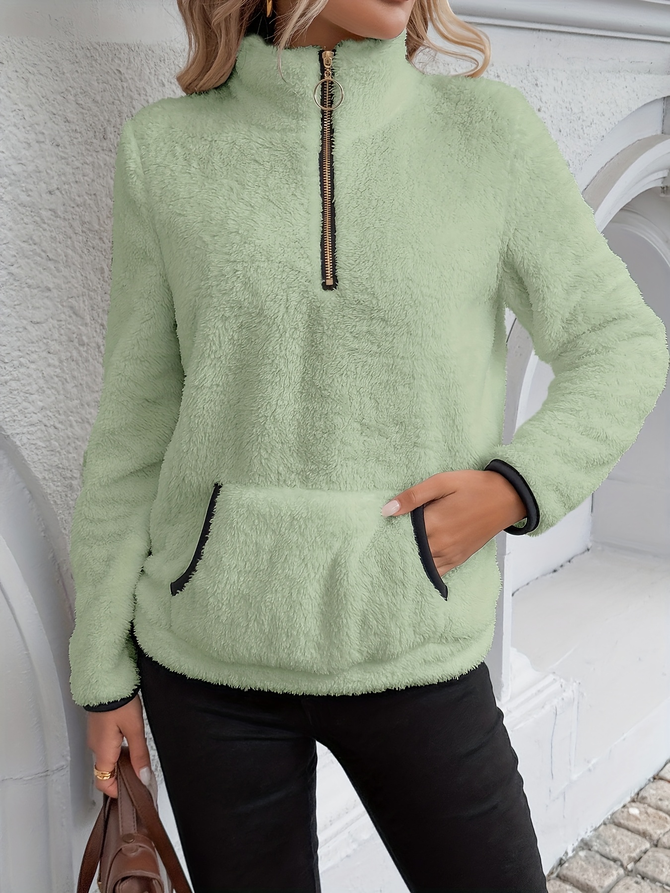 Autumn/Winter Women's Fashion Casual Half-Zip Long Plush Warm Sweatshirt