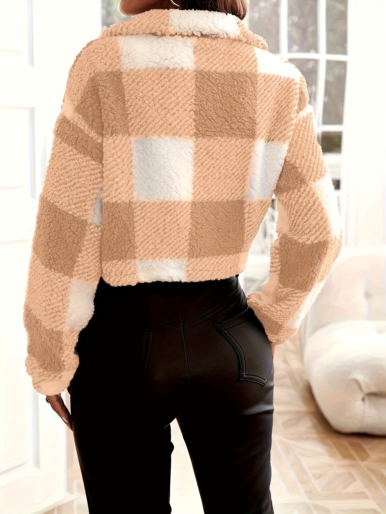 Cozy Plaid Pattern Teddy Zip-Up Jacket for Women - Soft Micro Elastic Polyester Fabric, Elegant Knit Outerwear for Fall/Winter - No Printing, Sheer-Free, Long Sleeve Casual Wear - Image 7