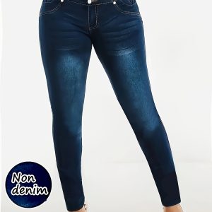 [Denim Print/Imitation Denim] Women's Elegant Stretch Imitation Denim Leggings - Slim-Fit All-Season High-Waisted Pants with Belt-Like Button Closure, Machine Washable Comfortable Tapered Design for Casual & Formal Outfits, Durable Casual Attire (Non-See-Through, Wrinkle-Resistant) - Adult Women's Fashion