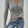 Front button solid ribbed sweater, elegant long-sleeve fitted cardigan, suitable for autumn and winter season, Women's clothing