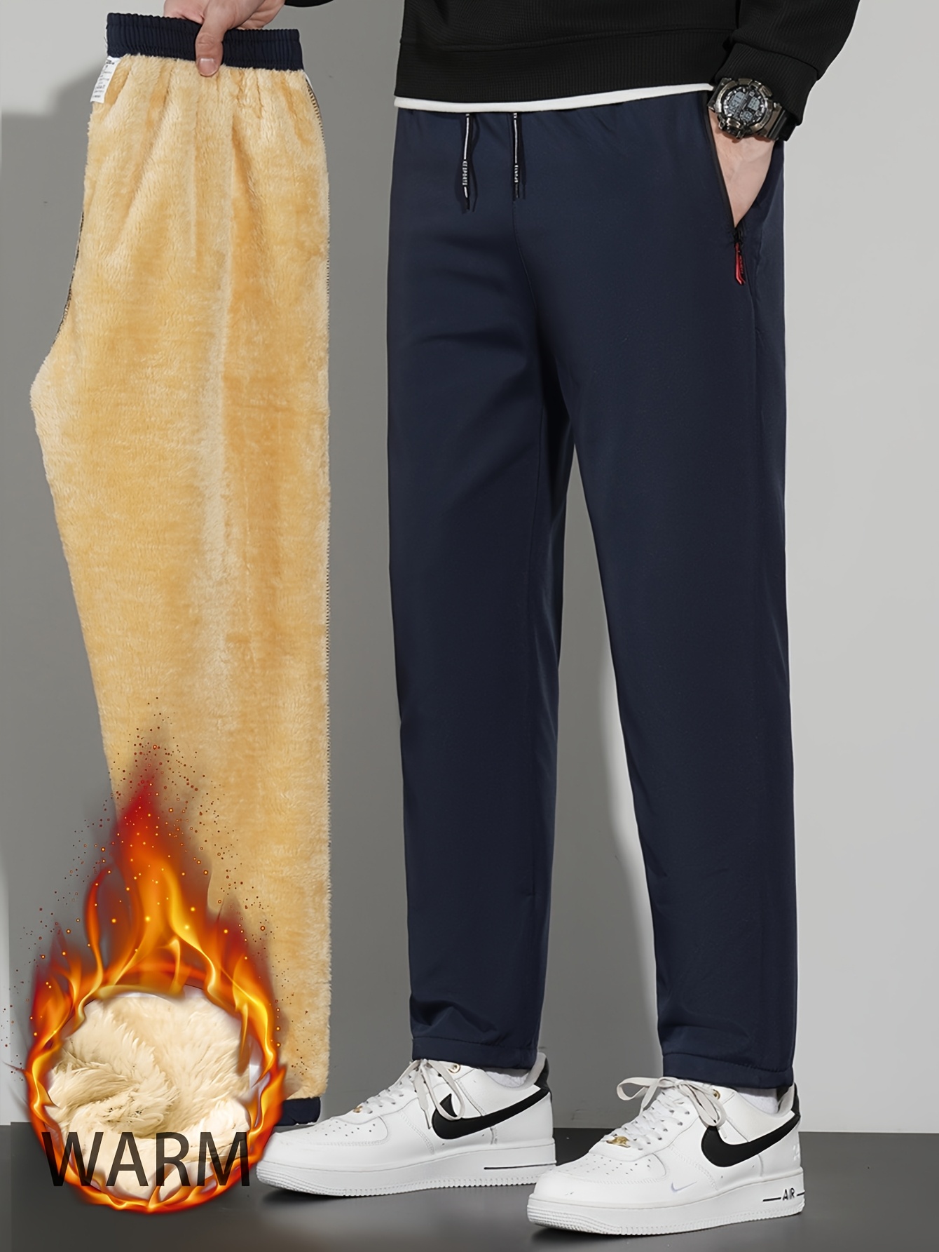 2pcs Men'S Warm Fleece-Lined Thermal Pants with Zipper Pockets - Thickened Winter Warmth, Straight-Leg Casual Sports Pants for Hiking, Outdoor Training & Daily Wear, Hiking Apparel | Straightleg Pants | Durable Fabric